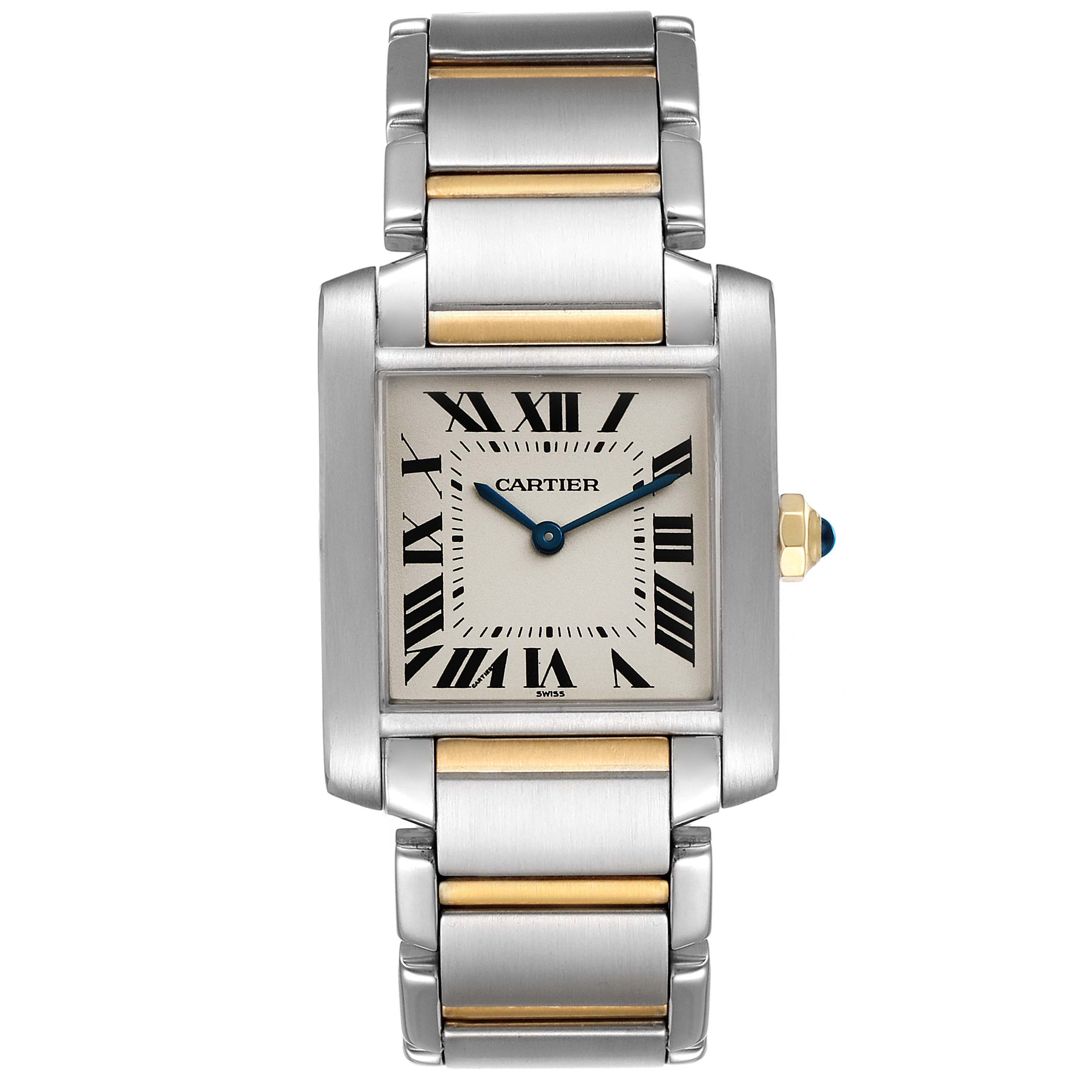 This is a frontal view of the Cartier Tank Francaise W2TA0003 Women's Steel and Gold (two tone) Silver Dial W2TA0003 Women's Steel and Gold (two tone) Silver Dial watch, displaying its dial, Roman numerals, and metal bracelet.