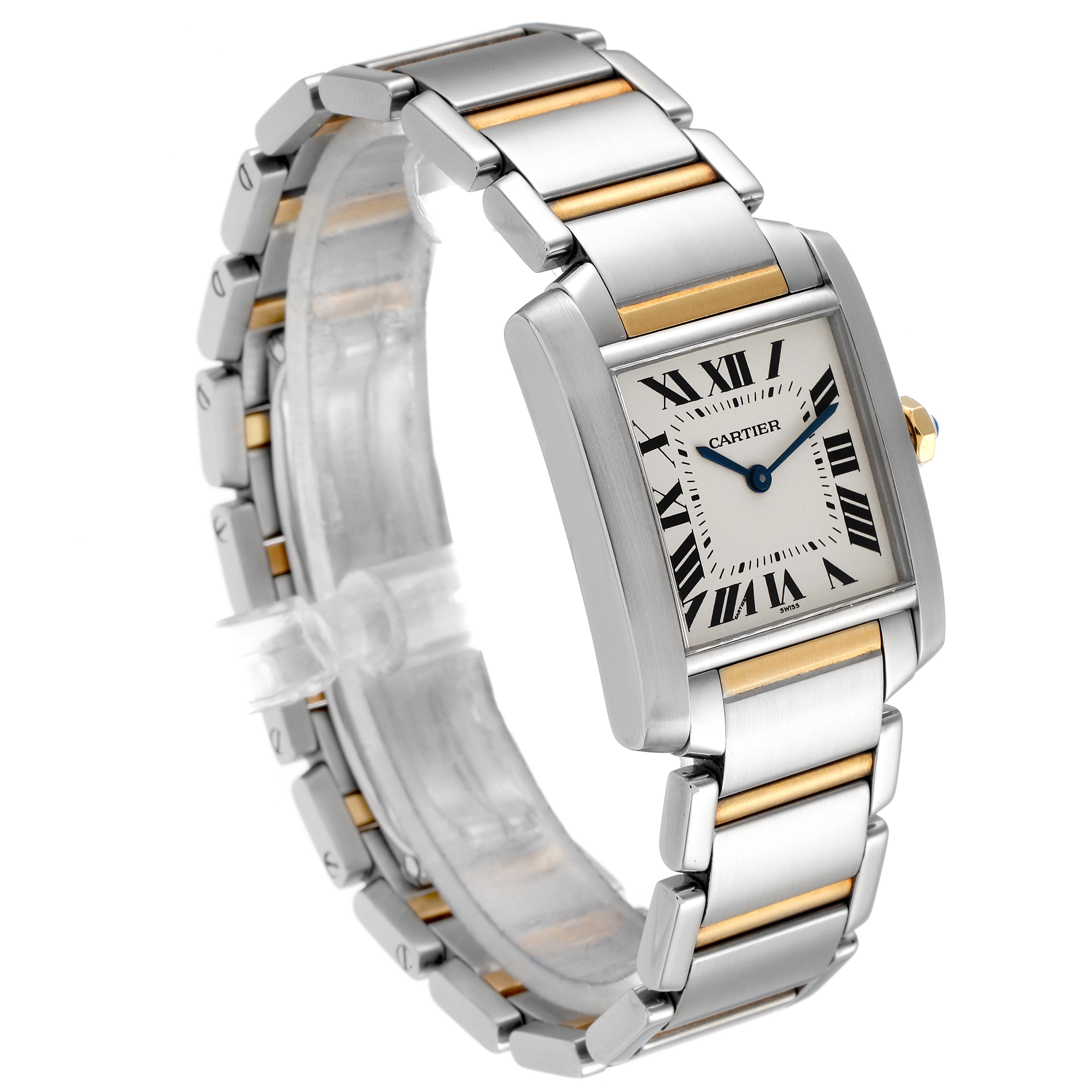 The Cartier Tank Française watch is shown at a three-quarter angle, highlighting its rectangular face and two-tone metal bracelet.