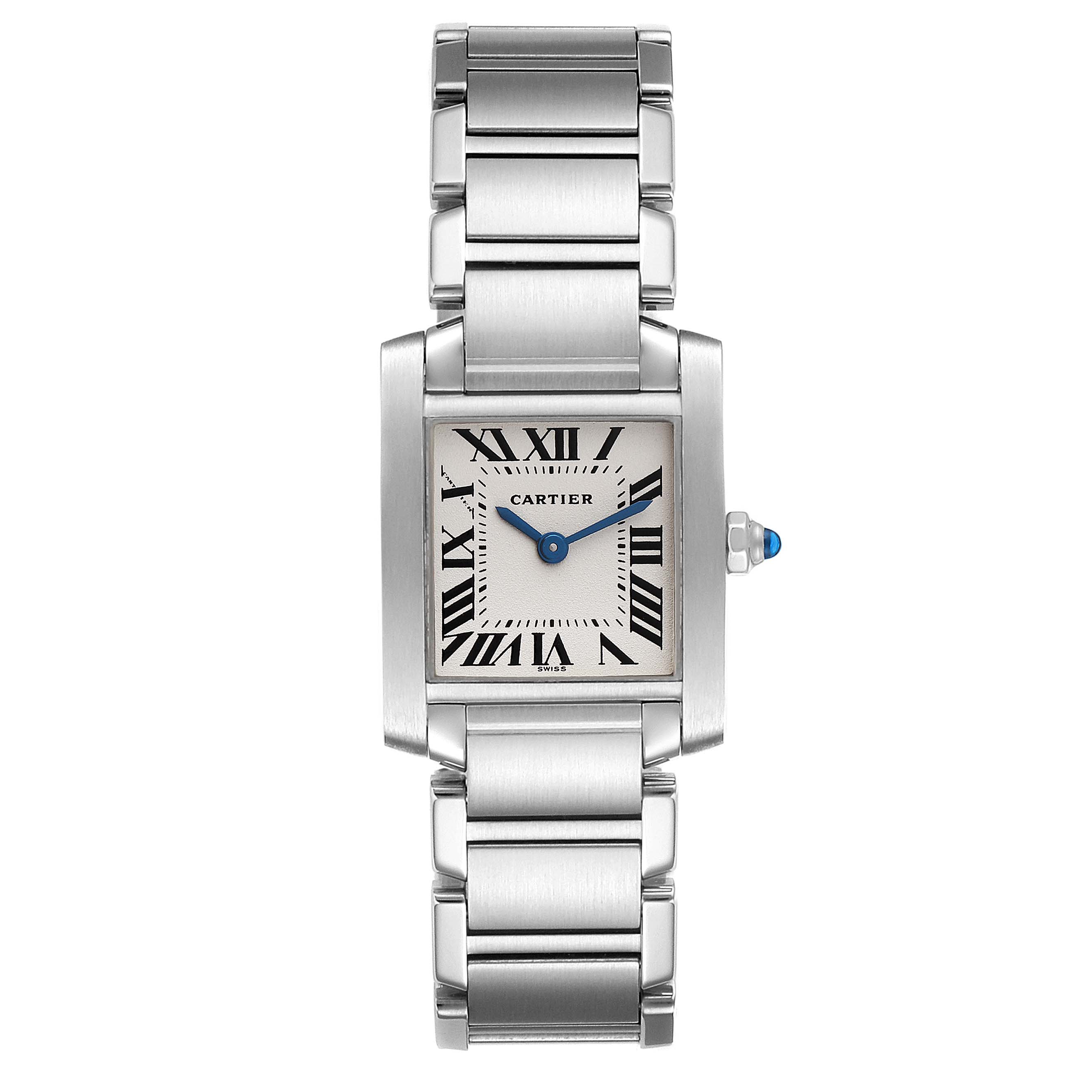 The image shows a front view of the Tank Francaise model by Cartier, highlighting its square dial and metal bracelet.