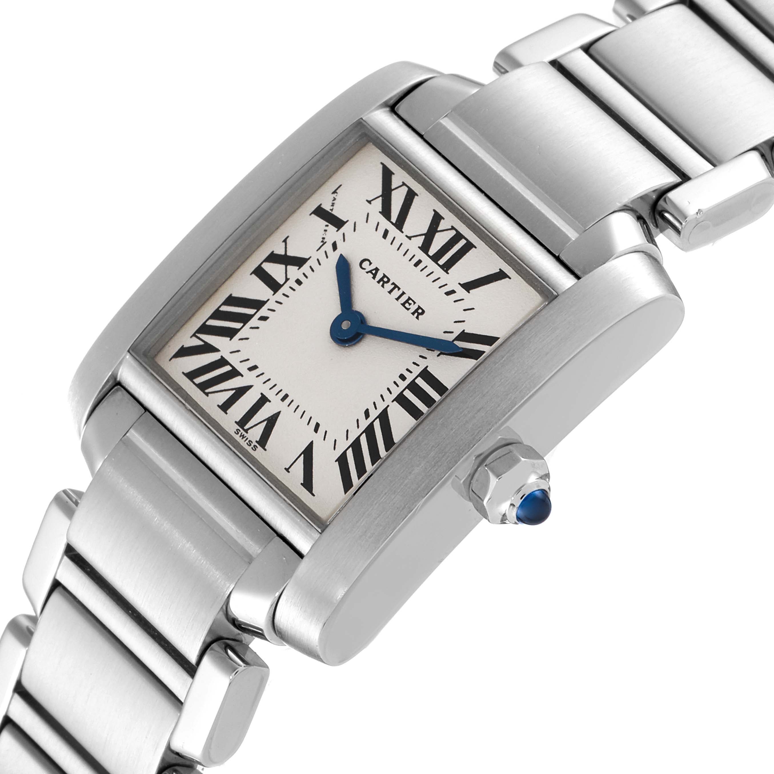The image shows a Cartier Tank Francaise W51008Q3 Women's Stainless Steel Silver Dial W51008Q3 Women's Stainless Steel Silver Dial watch at a slight angle, highlighting the dial, crown, and part of the metal bracelet.