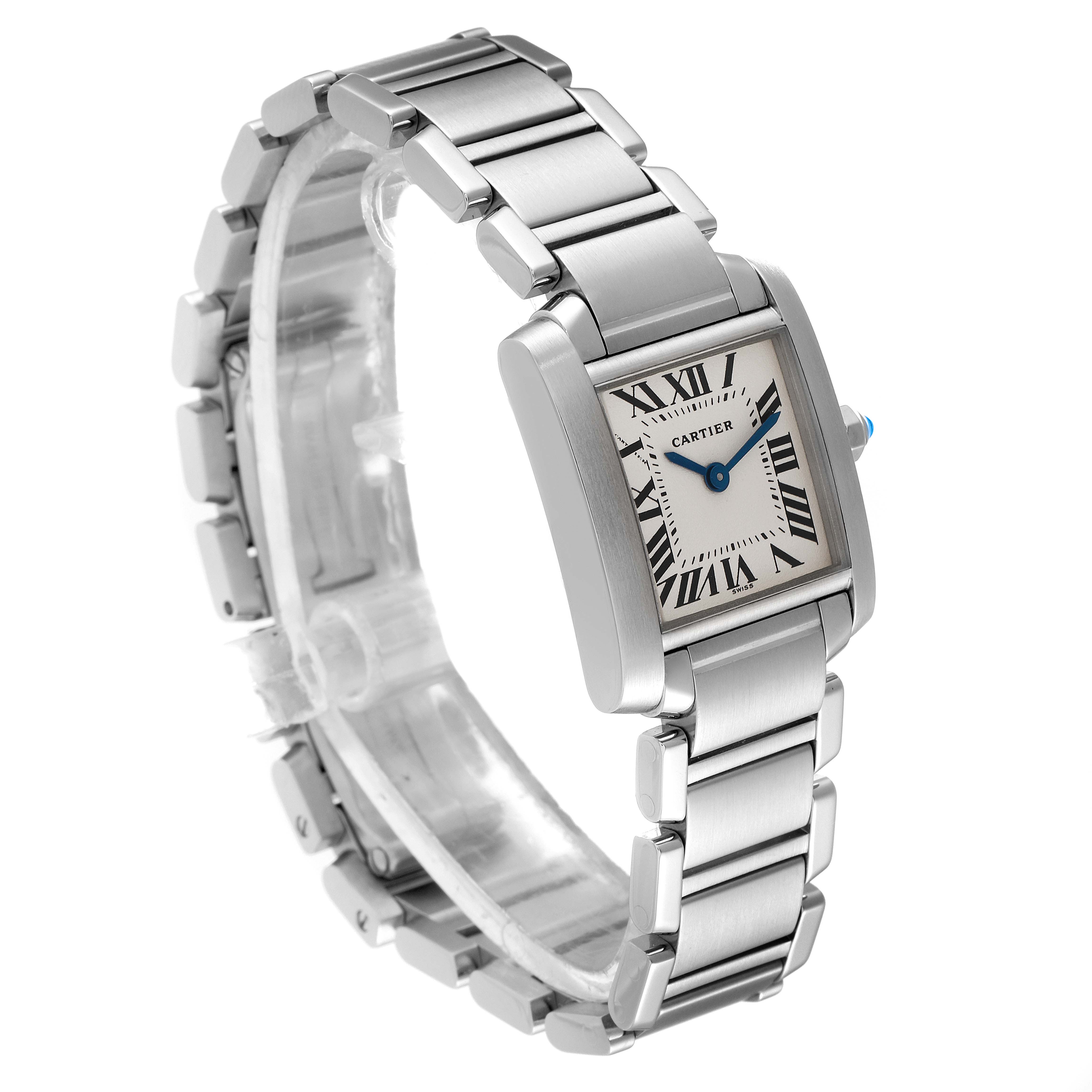 The image shows a Cartier Tank Francaise W51008Q3 Women's Stainless Steel Silver Dial W51008Q3 Women's Stainless Steel Silver Dial watch at a three-quarter view, displaying the rectangular face, bracelet, and crown.