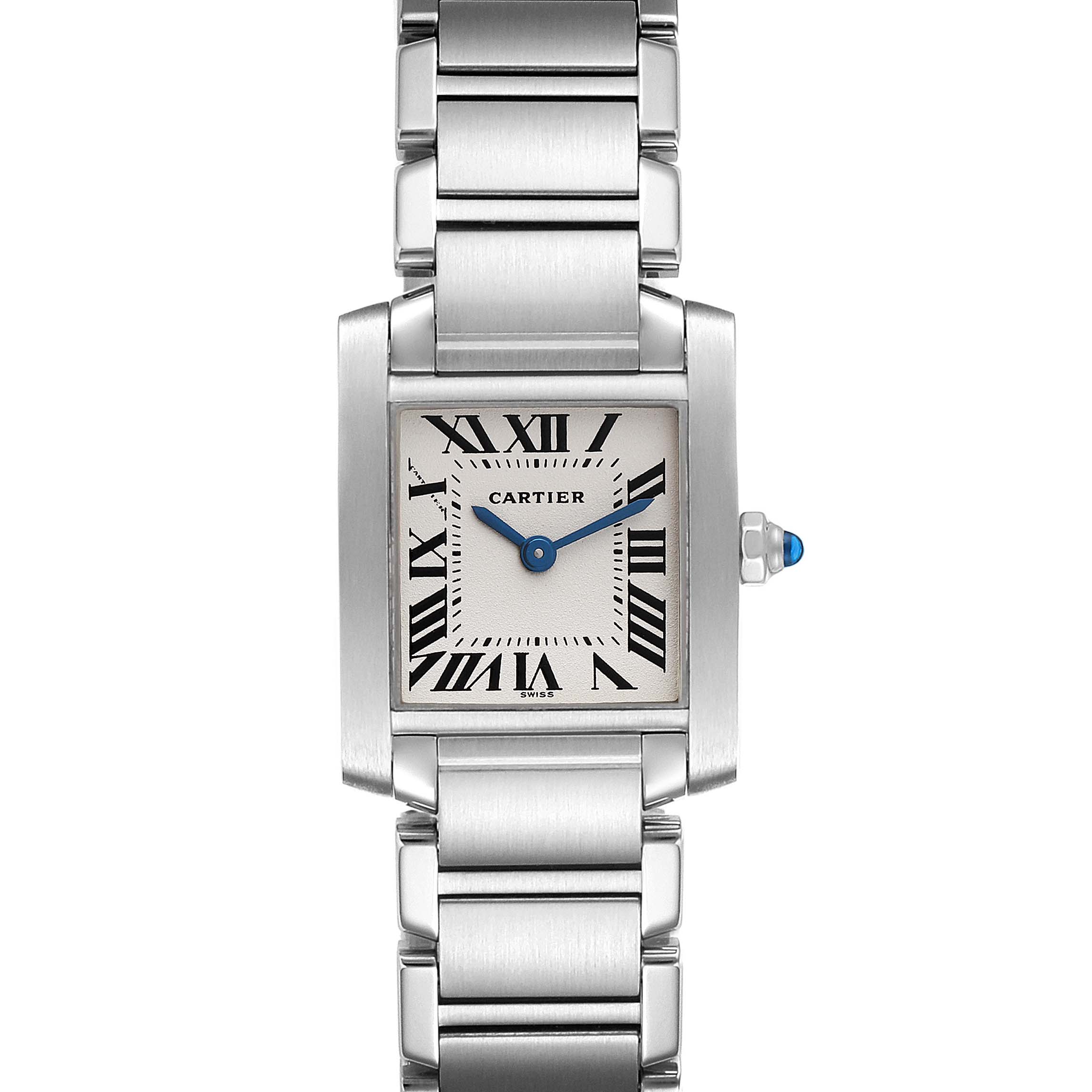 This is a front view of a Cartier Tank Francaise W51008Q3 Women's Stainless Steel Silver Dial W51008Q3 Women's Stainless Steel Silver Dial watch showing the face, bezel, and metal bracelet.