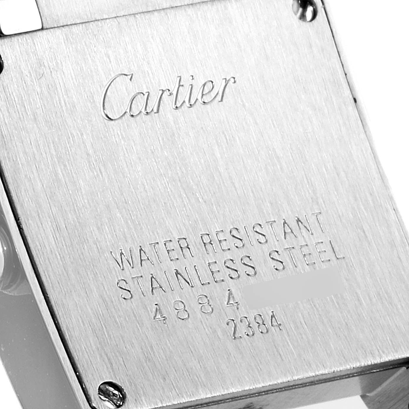This image shows the back case of a Cartier Tank Francaise W51008Q3 Women's Stainless Steel Silver Dial W51008Q3 Women's Stainless Steel Silver Dial watch, highlighting its water-resistance and stainless steel features.