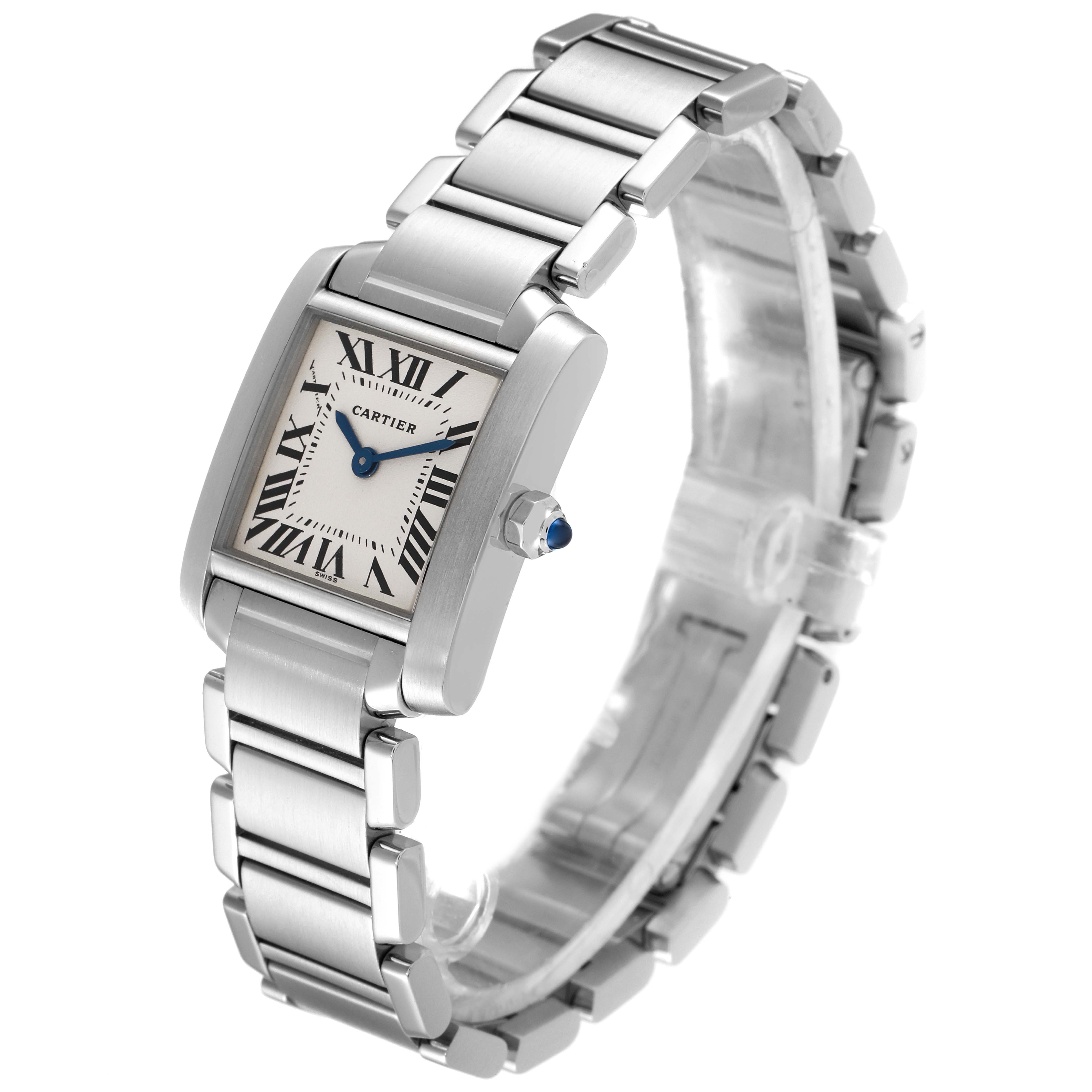 The image shows a Tank Francaise model by Cartier, viewed from a three-quarter angle, highlighting its stainless steel bracelet and rectangular dial.