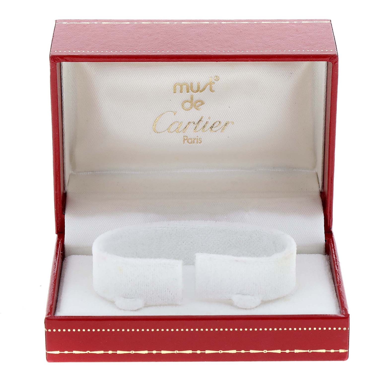 The image shows an empty Cartier Tank Francaise W51008Q3 Women's Stainless Steel Silver Dial W51008Q3 Women's Stainless Steel Silver Dial watch box, open, revealing the cushion inside.