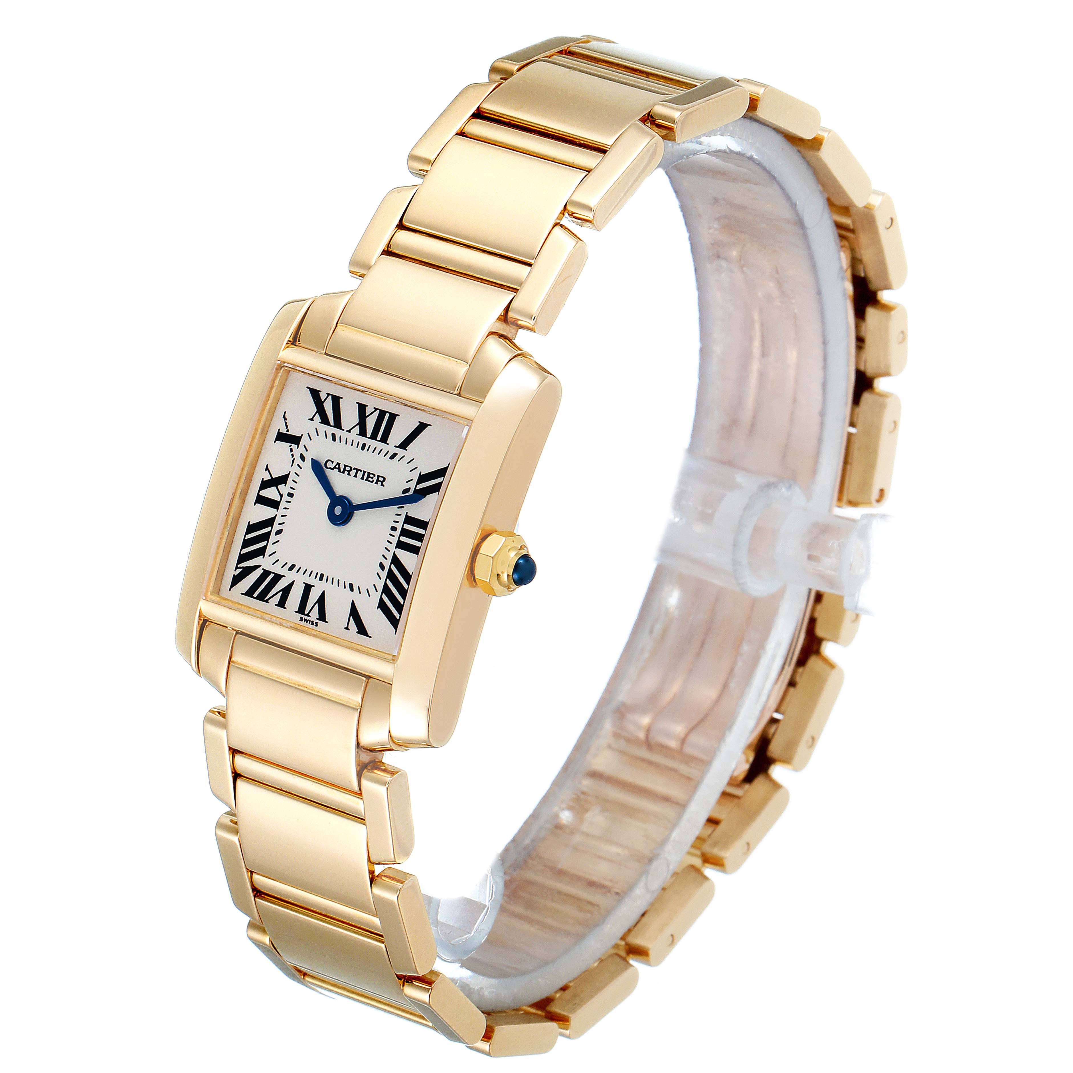 The image shows a Cartier Tank Francaise W50002N2 Women
s Yellow Gold Silver Dial W50002N2 Women
s Yellow Gold Silver Dial watch from a front angle displaying its dial, bracelet, and crown.