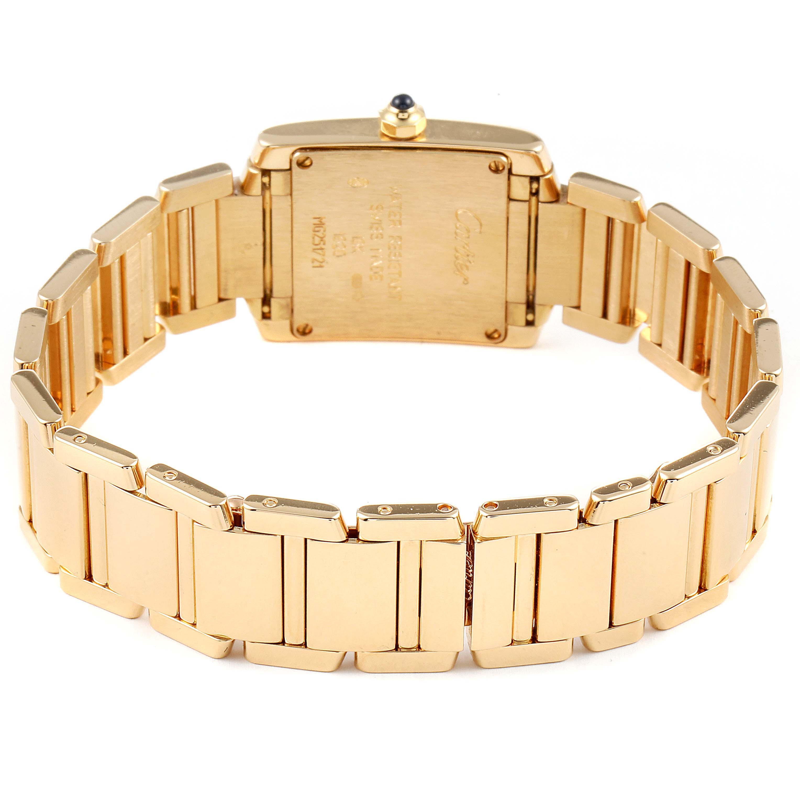 This image shows the back and bracelet of a Cartier Tank Française watch.