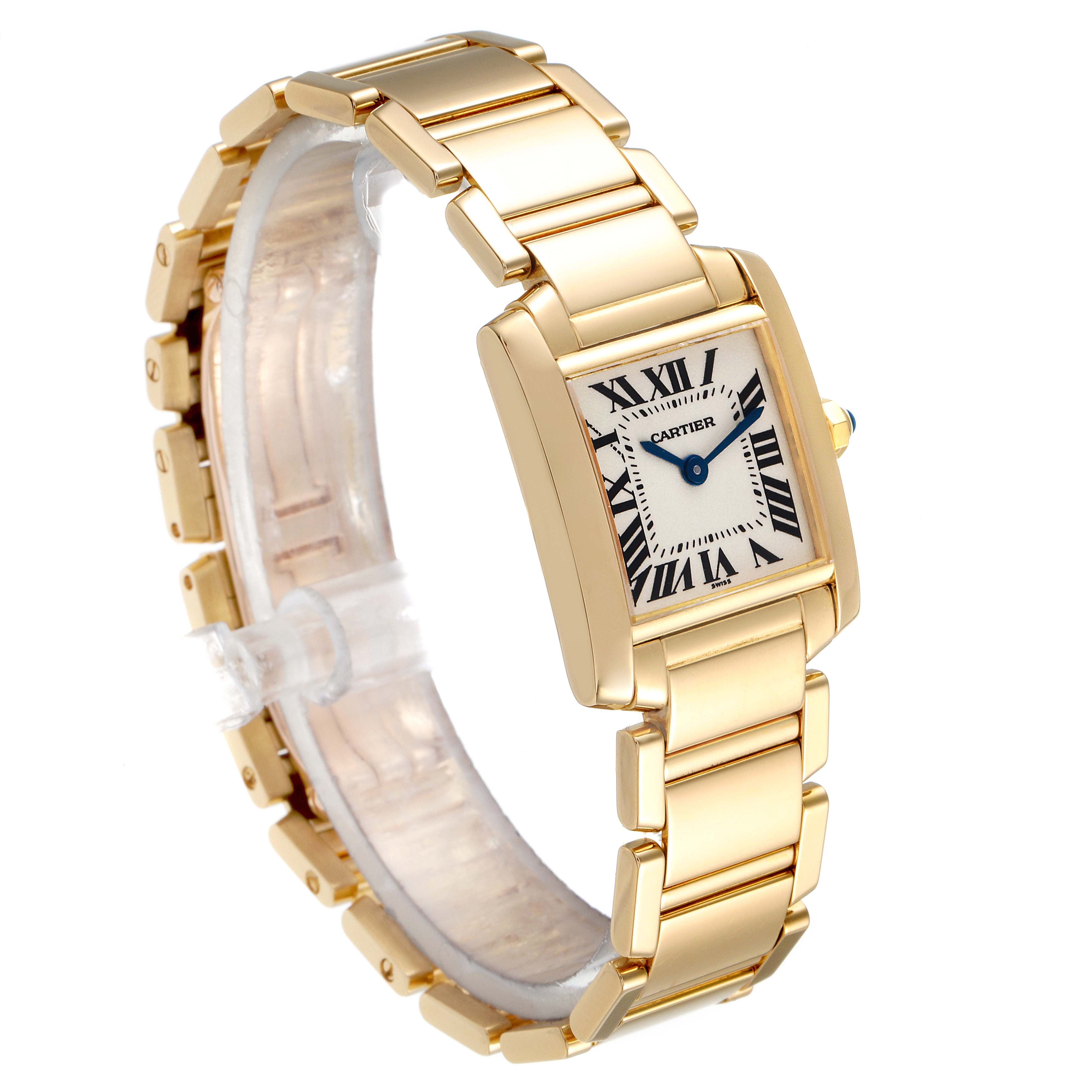 The image shows a Cartier Tank Francaise W50002N2 Women
s Yellow Gold Silver Dial W50002N2 Women
s Yellow Gold Silver Dial watch at a slight angle, highlighting its gold bracelet and rectangular face with Roman numerals.