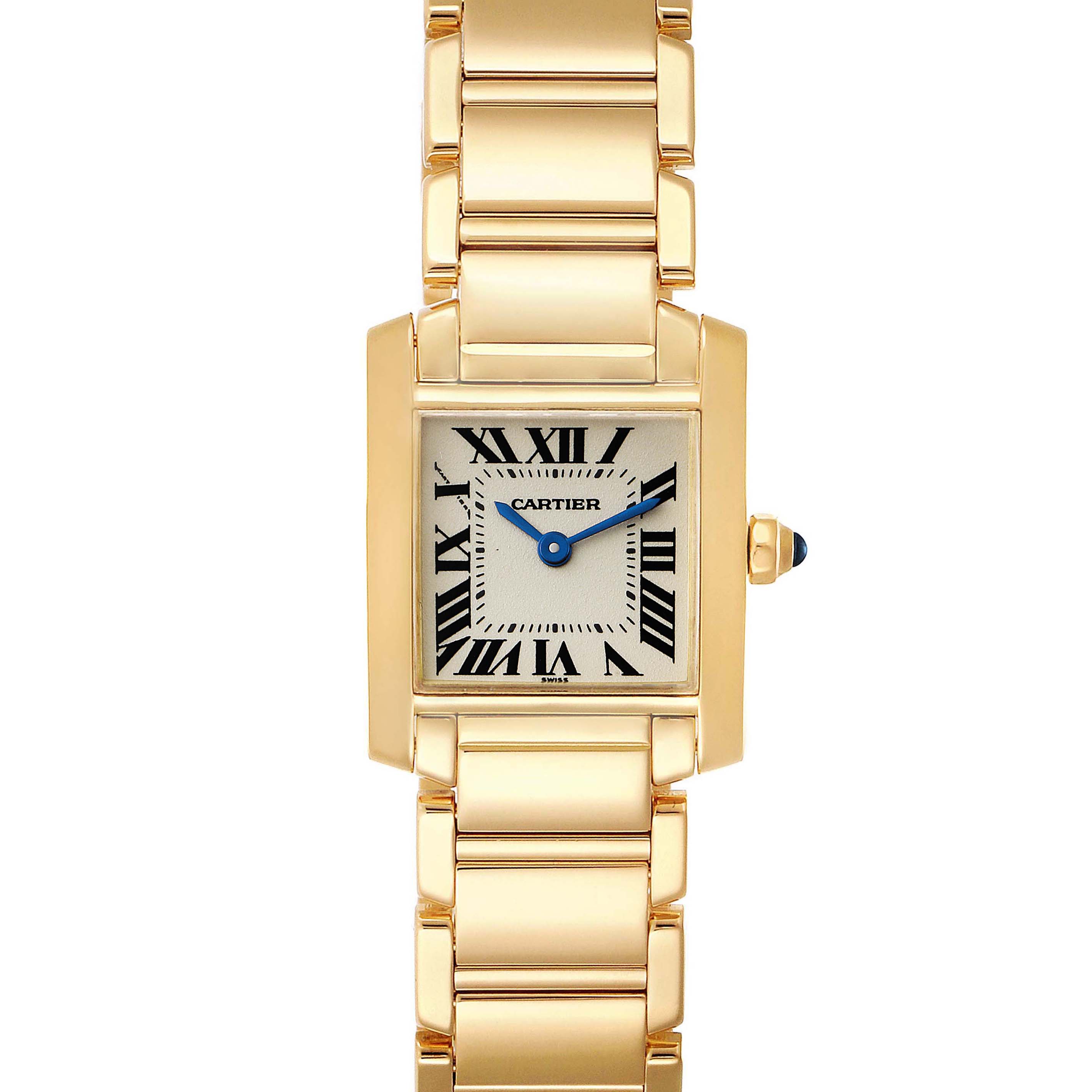 The image shows a front view of a Cartier Tank Francaise W50002N2 Women
s Yellow Gold Silver Dial W50002N2 Women
s Yellow Gold Silver Dial watch, highlighting its gold case, bracelet, Roman numeral dial, and blue hands.