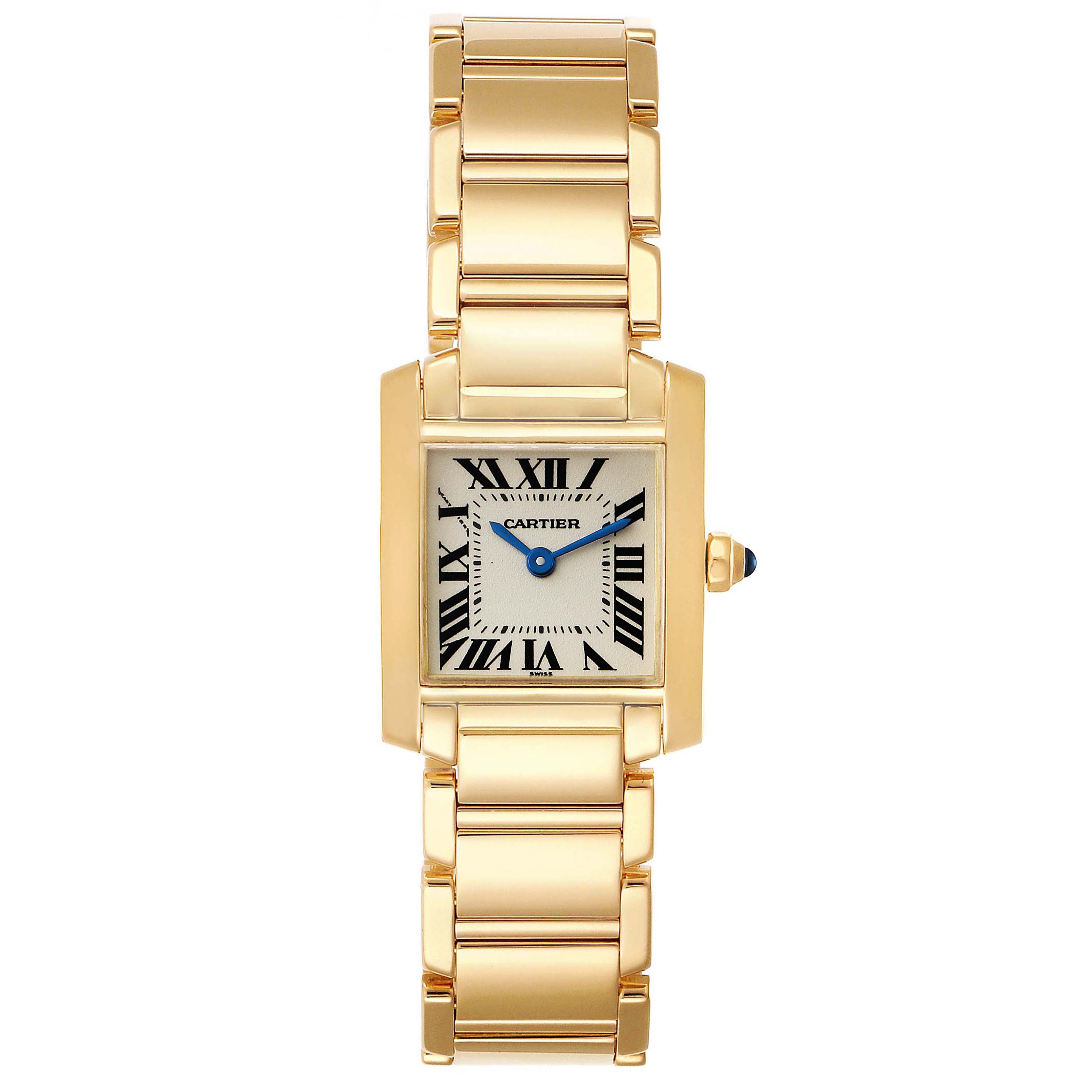 The Cartier Tank Francaise W50002N2 Women
s Yellow Gold Silver Dial W50002N2 Women
s Yellow Gold Silver Dial watch is shown from a top-down angle, highlighting its gold bracelet, rectangular face, and Roman numeral dial.