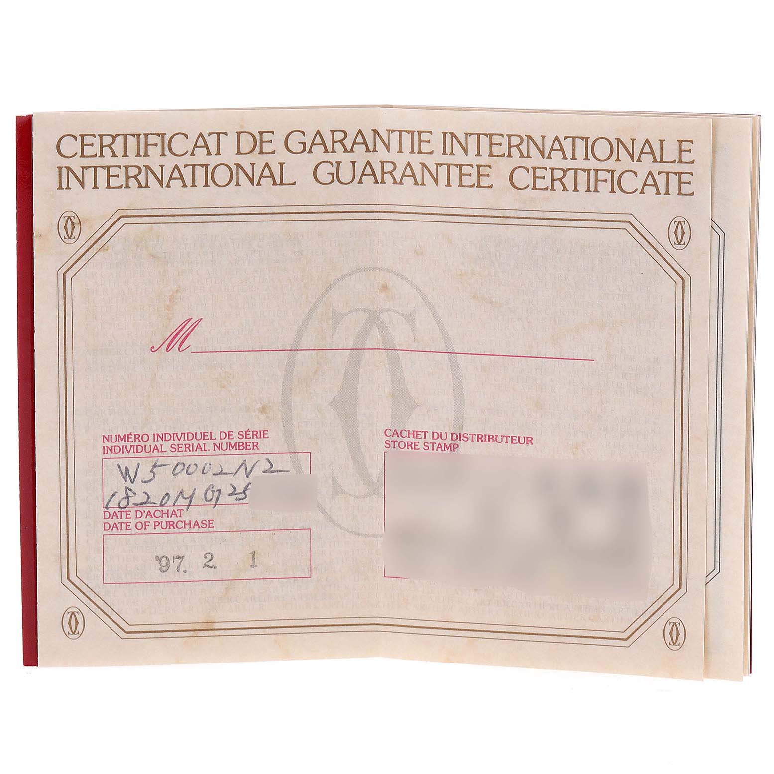 The image shows the international guarantee certificate for a Cartier Tank Française watch.