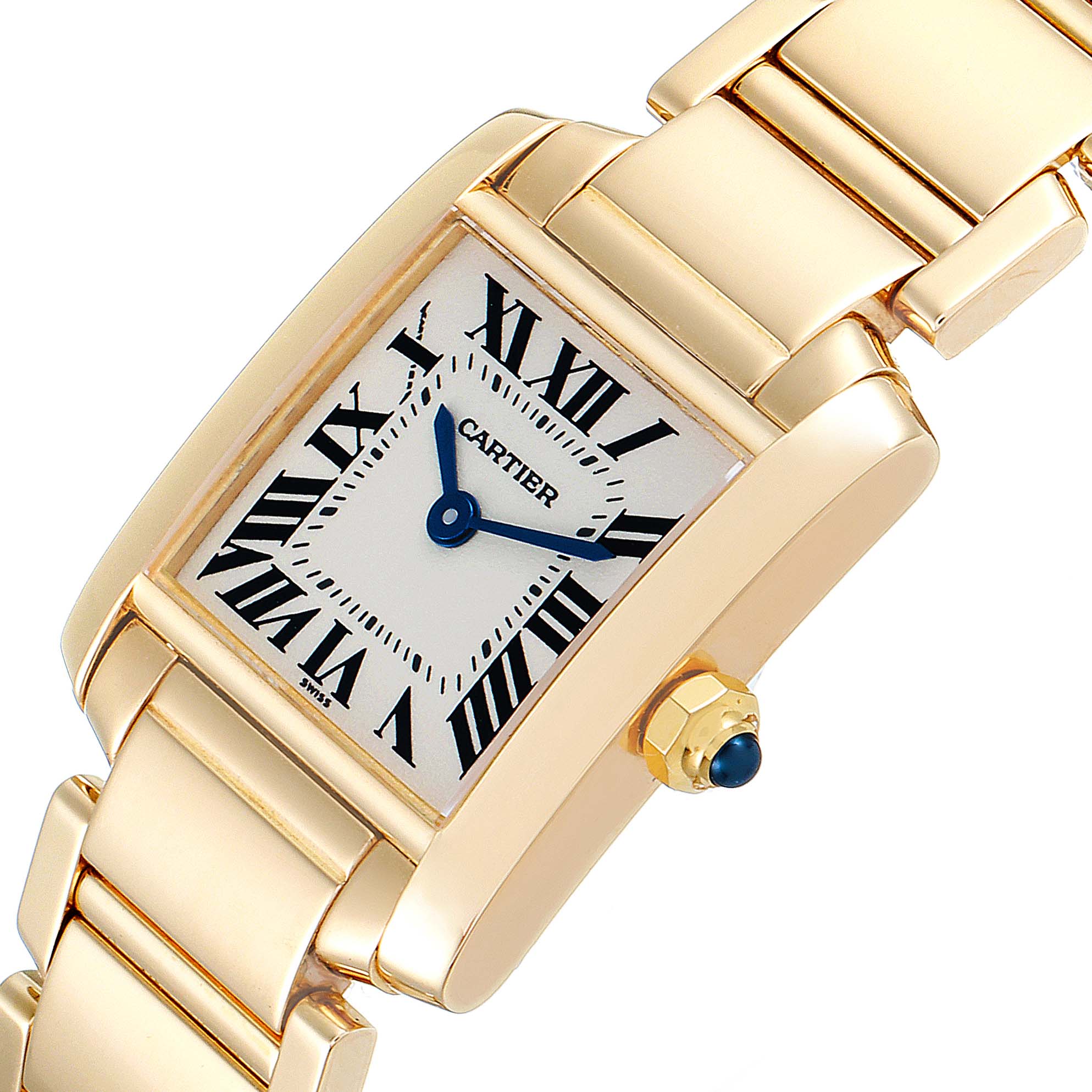 The image shows a close-up of the Cartier Tank Francaise W50002N2 Women
s Yellow Gold Silver Dial W50002N2 Women
s Yellow Gold Silver Dial watch, focusing on its face, crown, and part of the band.