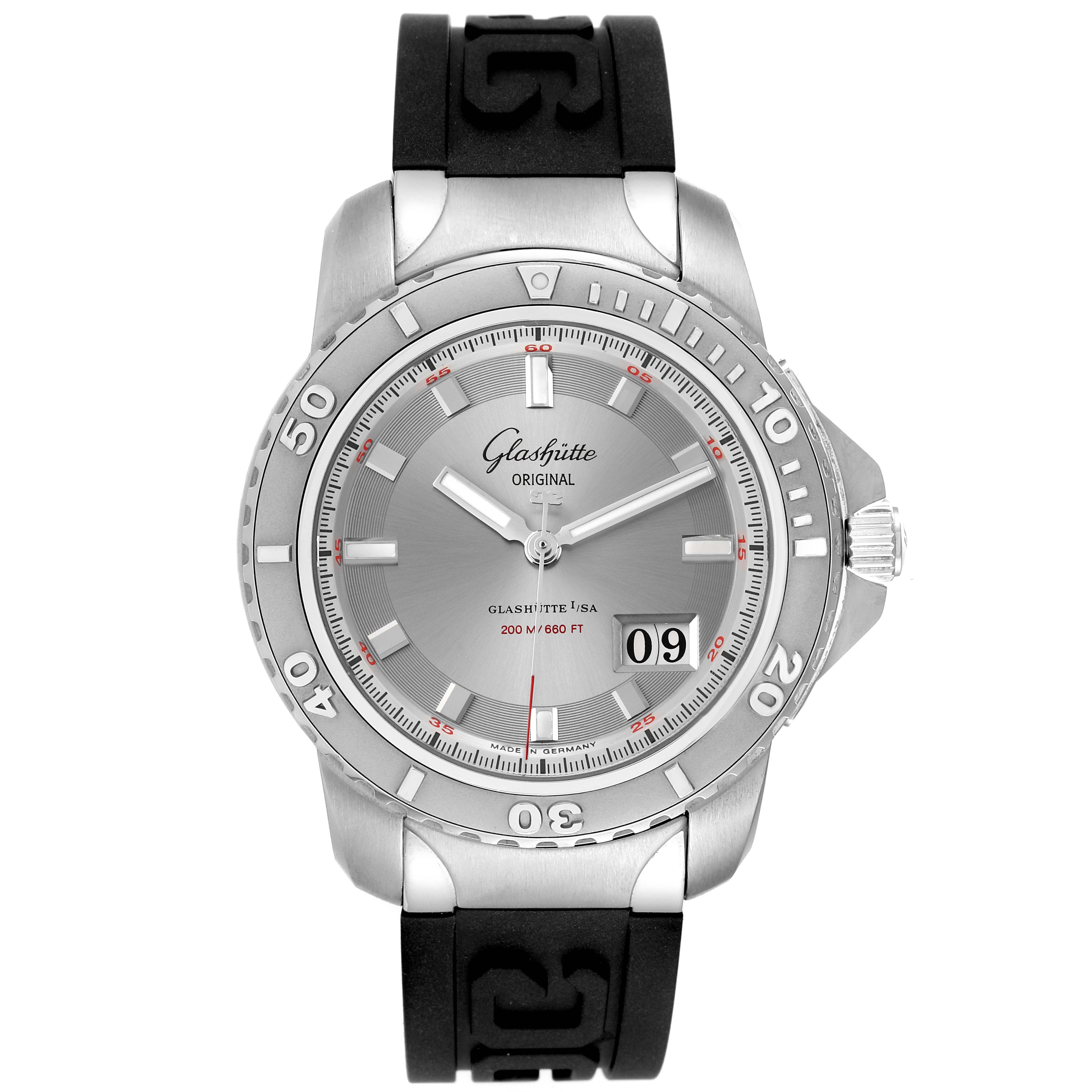 The image shows a front view of the Glashütte Original watch, highlighting its dial, bezel, and strap.