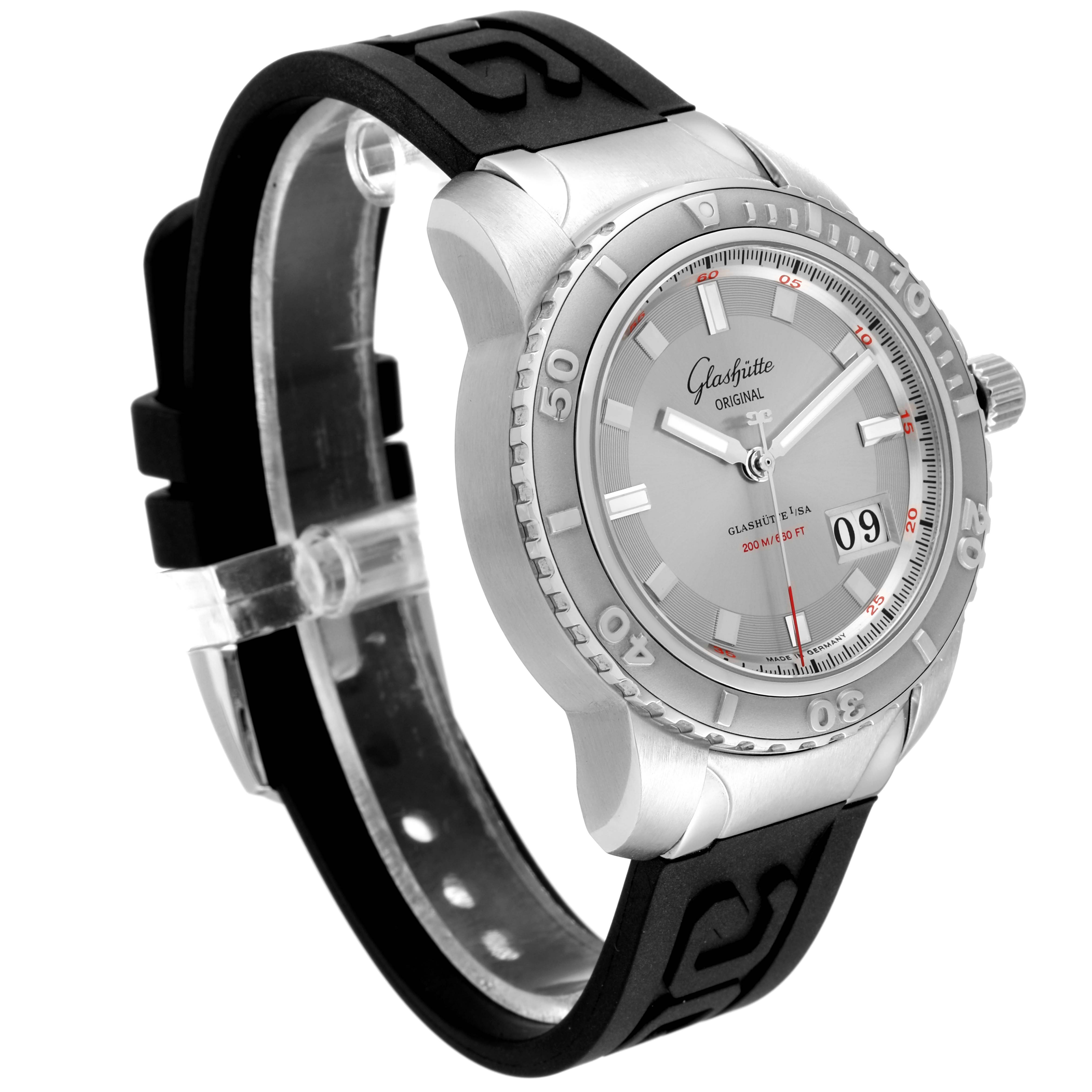 The image shows a Glashutte Original 39-42-44-04-14 Men's Stainless Steel Silver Dial 39-42-44-04-14 Men's Stainless Steel Silver Dial watch at an angle revealing its face, bezel, and side profile along with part of the strap.