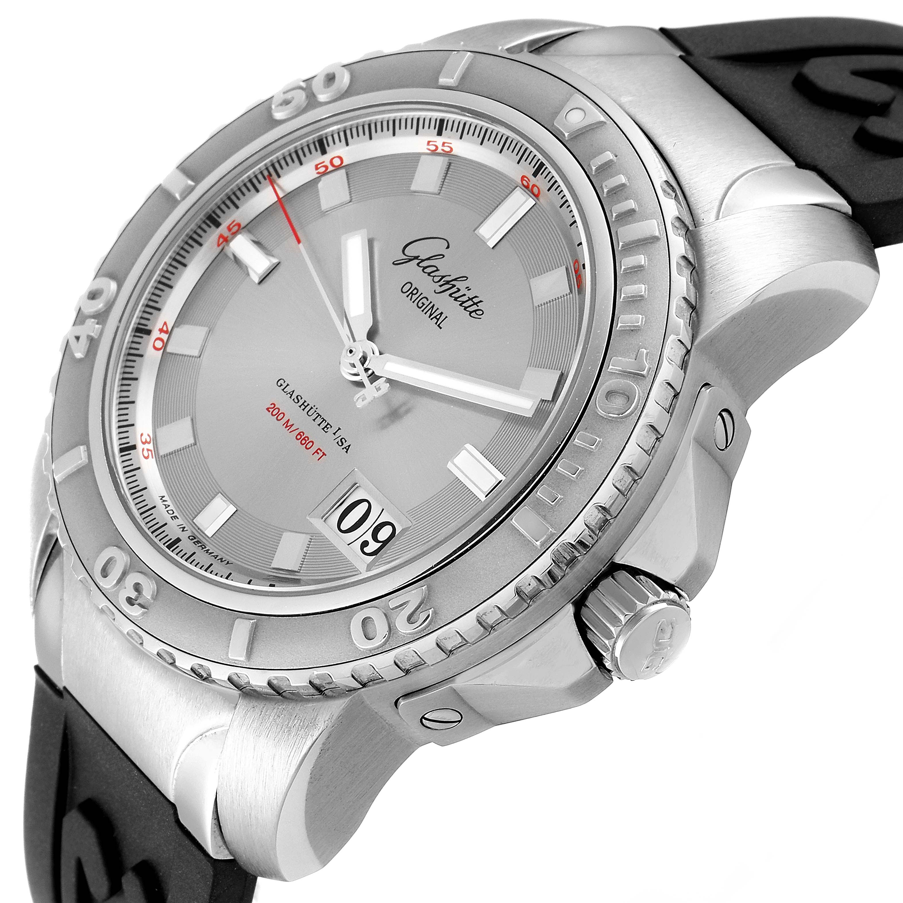 The Glashutte Original 39-42-44-04-14 Men's Stainless Steel Silver Dial 39-42-44-04-14 Men's Stainless Steel Silver Dial watch is shown from a slight side angle, highlighting the bezel, dial, date, and crown.