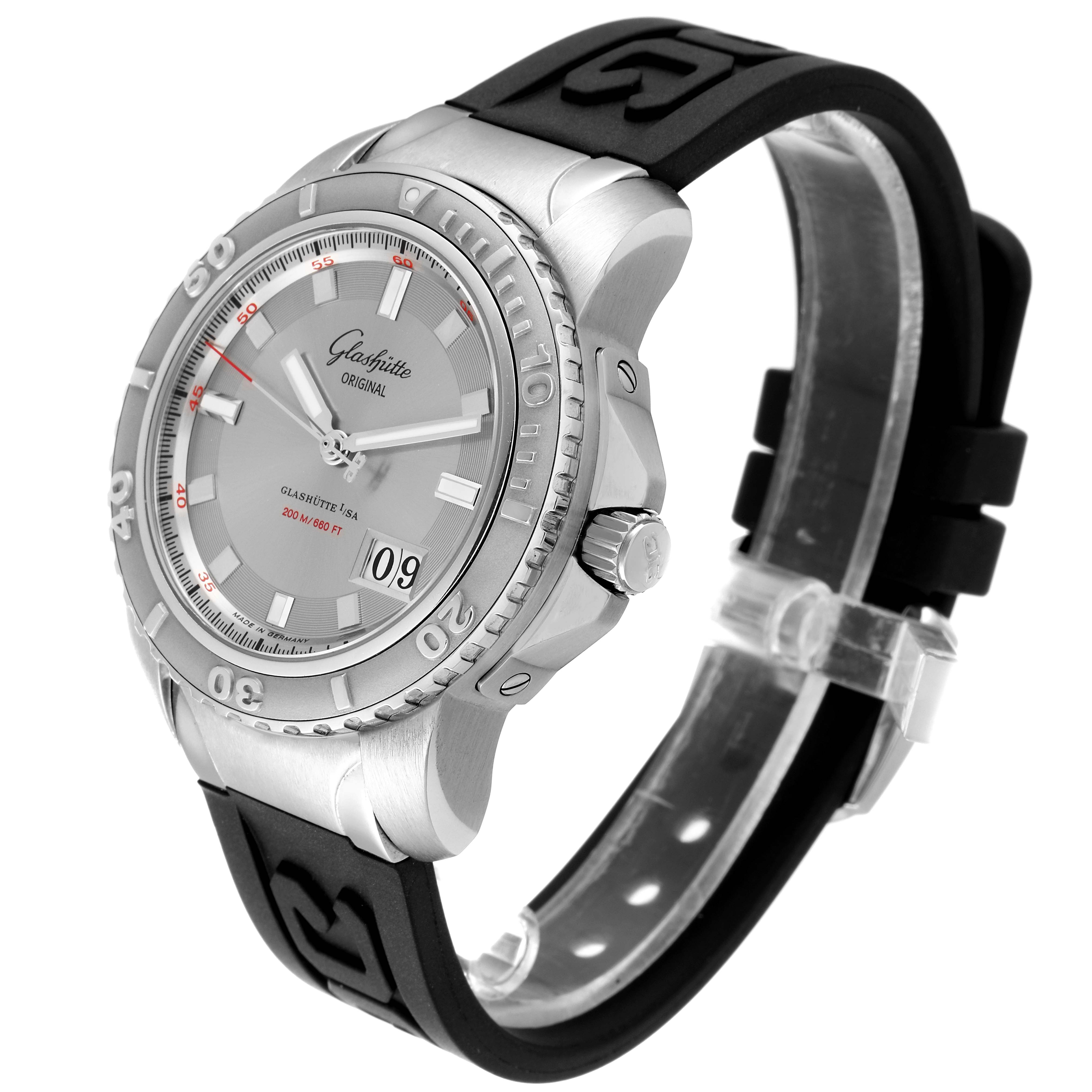 This image shows a Glashütte Original model watch from a side angle, highlighting its dial, bezel, and rubber strap.