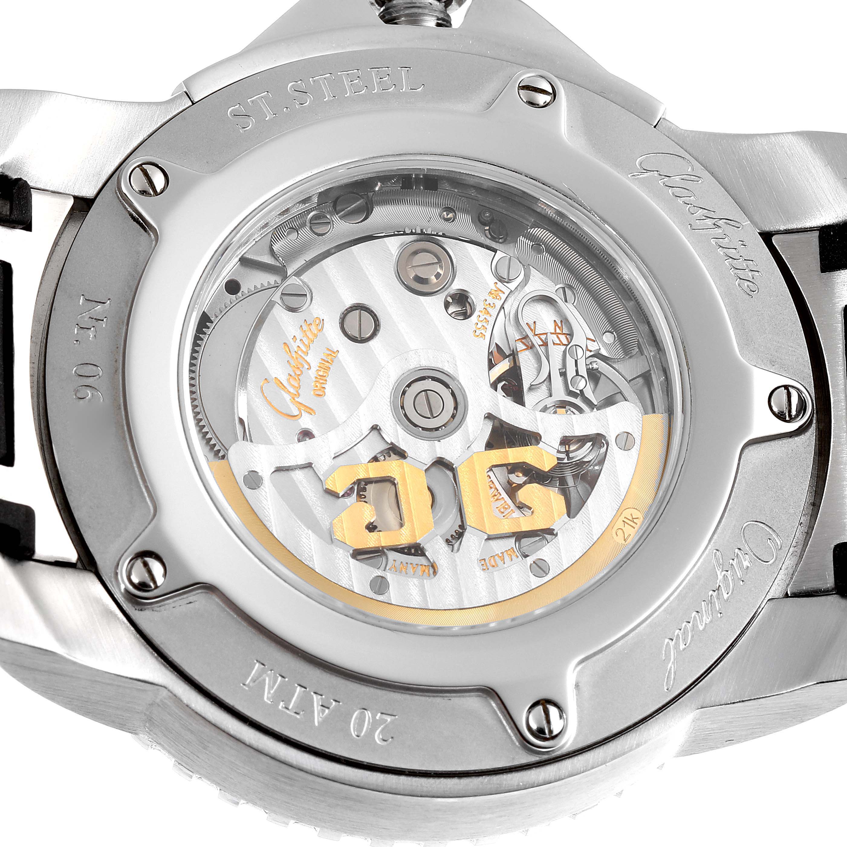 The image shows the back view of the Glashutte Original 39-42-44-04-14 Men's Stainless Steel Silver Dial 39-42-44-04-14 Men's Stainless Steel Silver Dial watch, highlighting its movement and internal mechanism.