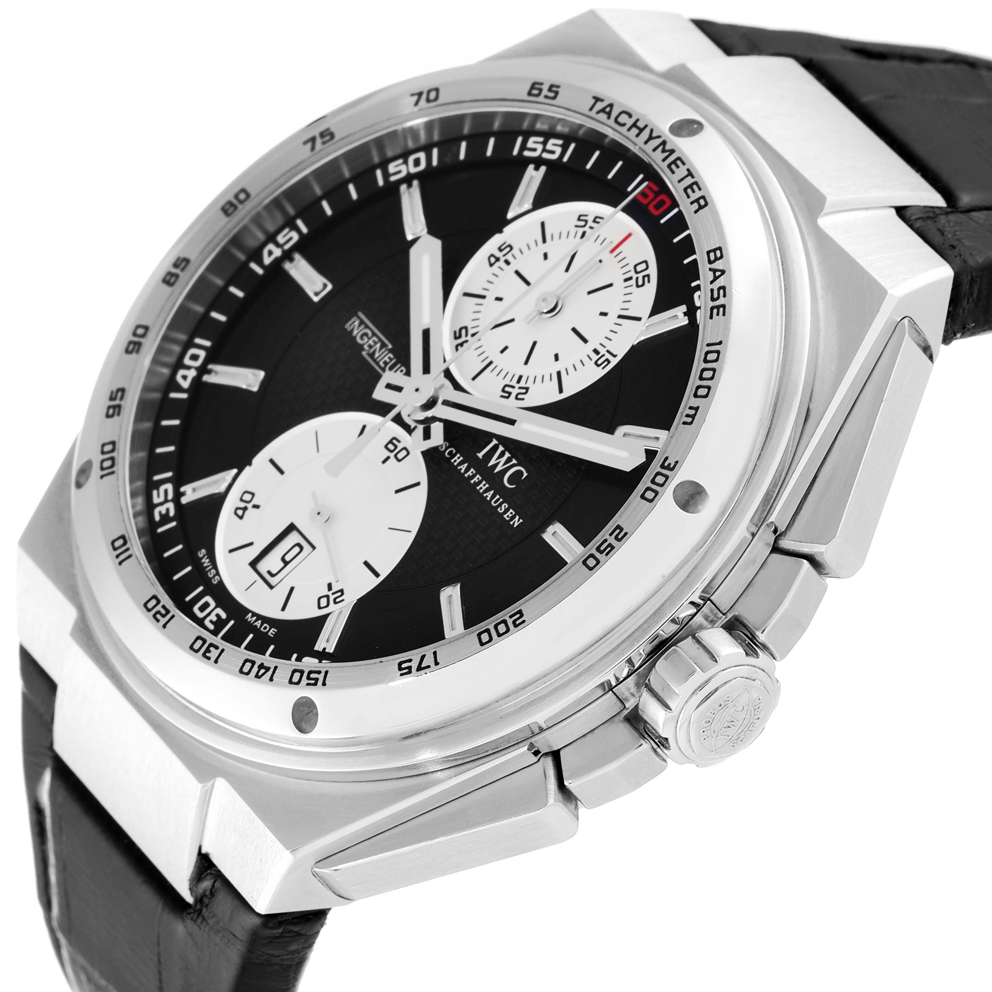 The IWC Ingenieur IW378401 Men's Stainless Steel Black Dial IW378401 Men's Stainless Steel Black Dial watch is shown at an angle highlighting the dial, subdials, tachymeter, and crown.