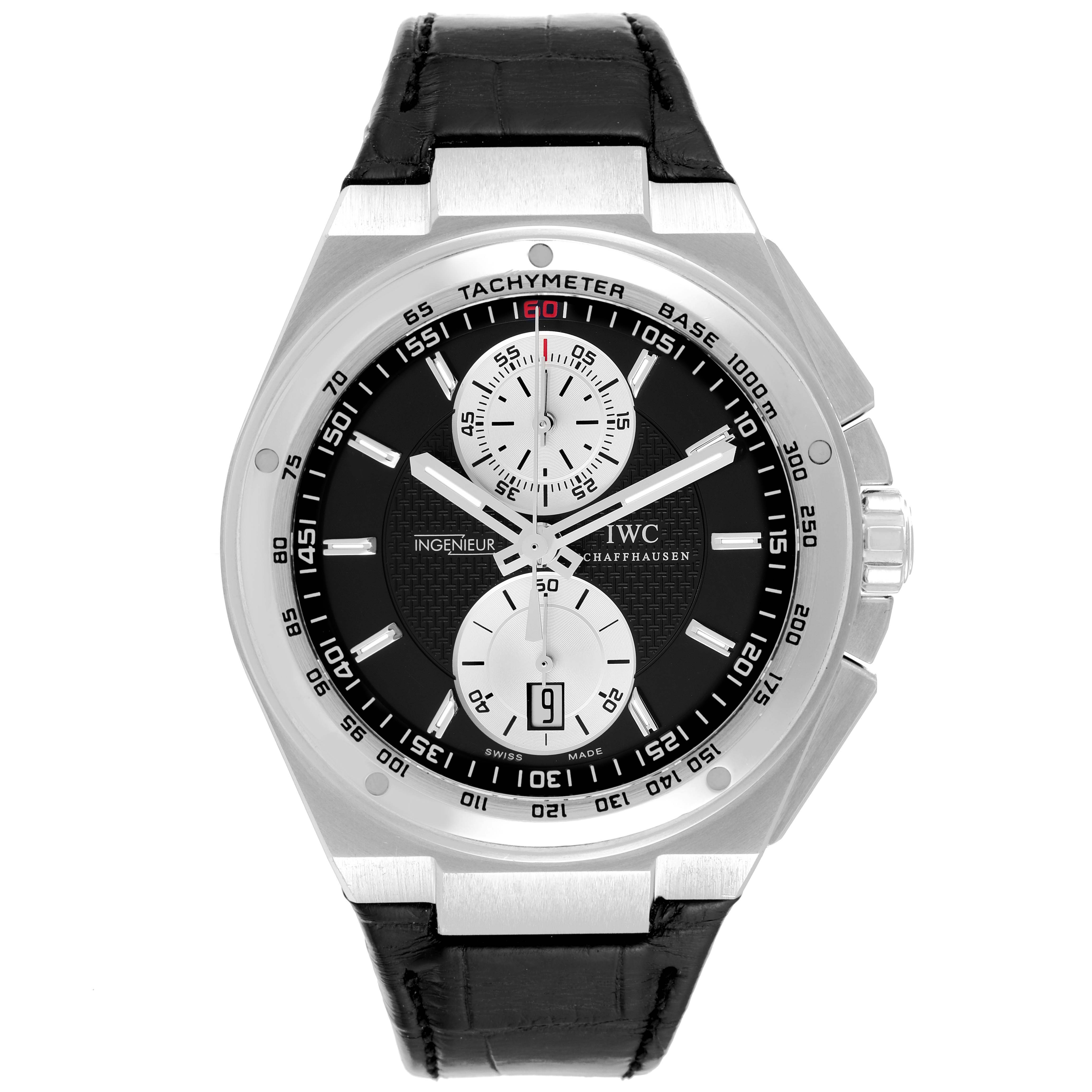 The IWC Ingenieur IW378401 Men's Stainless Steel Black Dial IW378401 Men's Stainless Steel Black Dial watch is shown from a front, straight-on angle, displaying the dial, case, and strap.