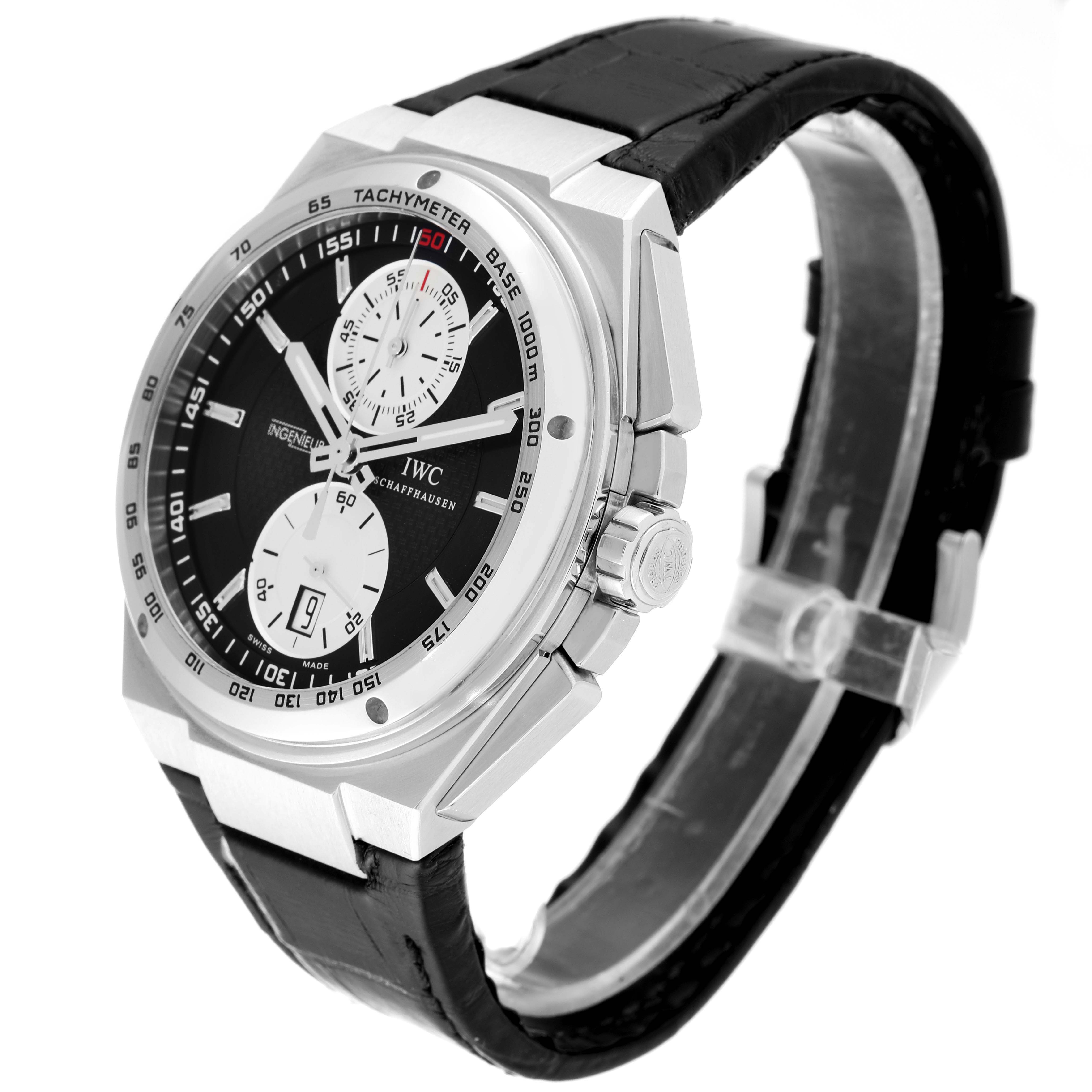 The IWC Ingenieur IW378401 Men's Stainless Steel Black Dial IW378401 Men's Stainless Steel Black Dial watch is shown at a slight angle, highlighting its face, crown, and leather strap.