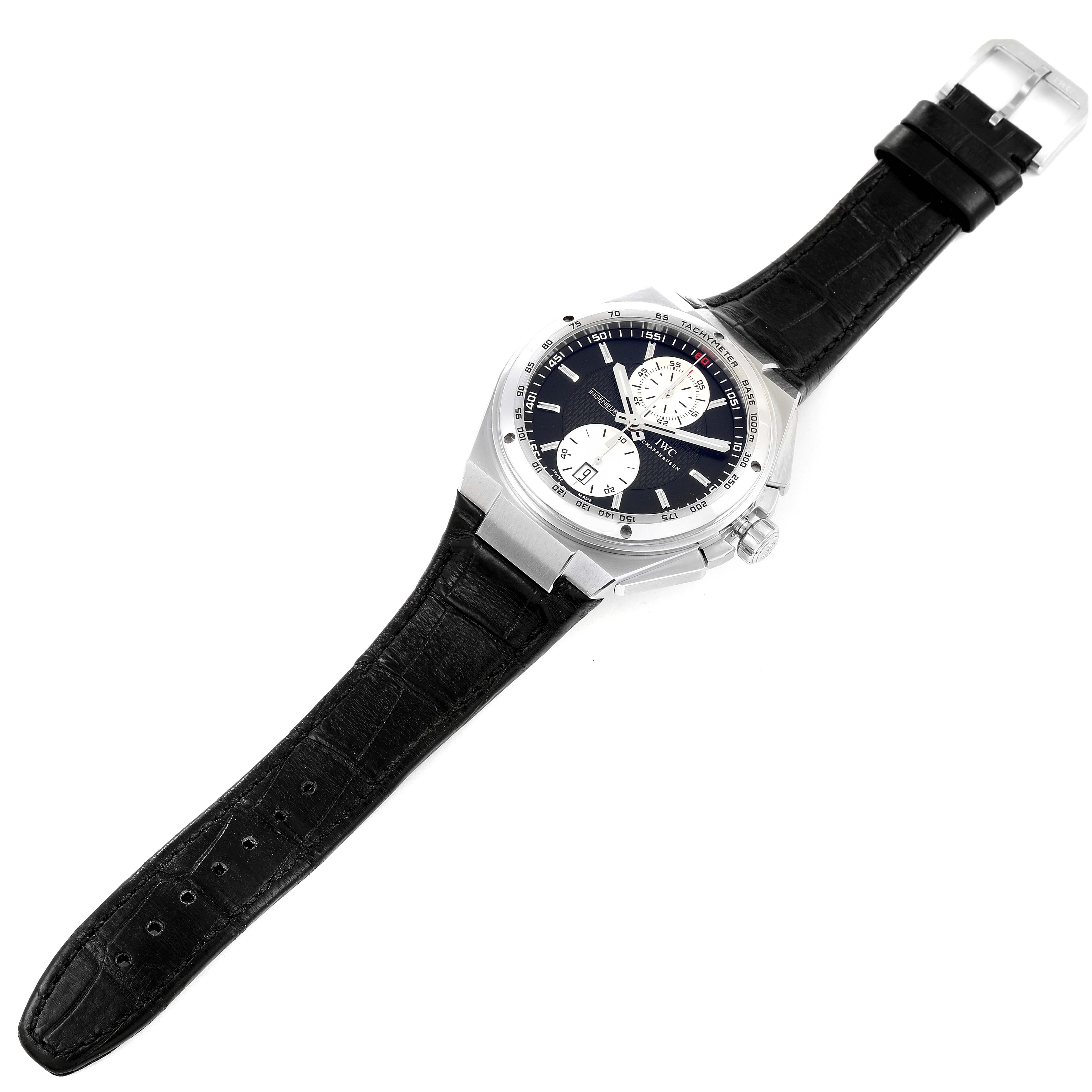 The IWC Ingenieur IW378401 Men's Stainless Steel Black Dial IW378401 Men's Stainless Steel Black Dial watch is shown at a slight angle, displaying its face, bezel, and leather strap.