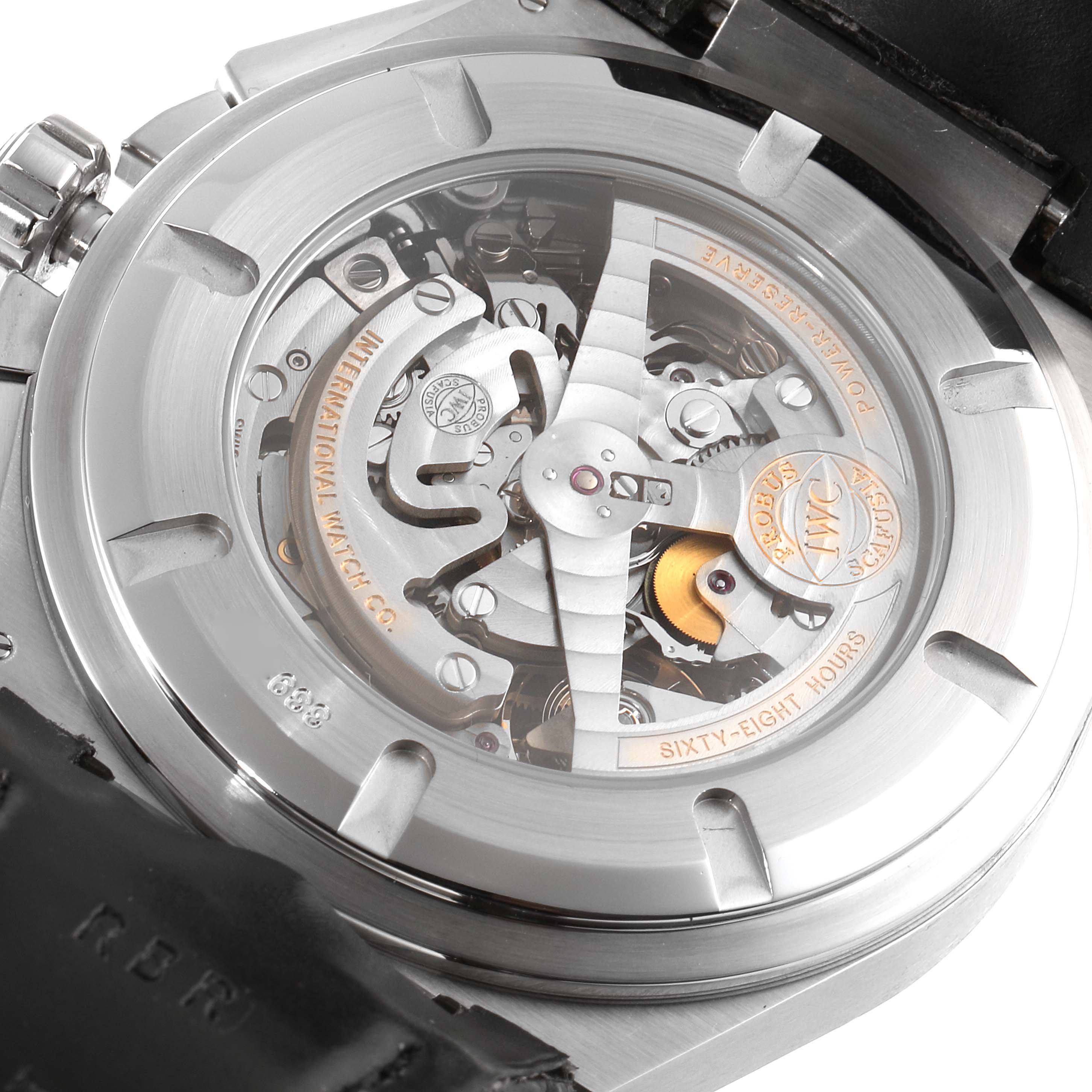 The image shows the back view of the IWC Ingenieur IW378401 Men's Stainless Steel Black Dial IW378401 Men's Stainless Steel Black Dial watch, displaying its internal mechanisms.