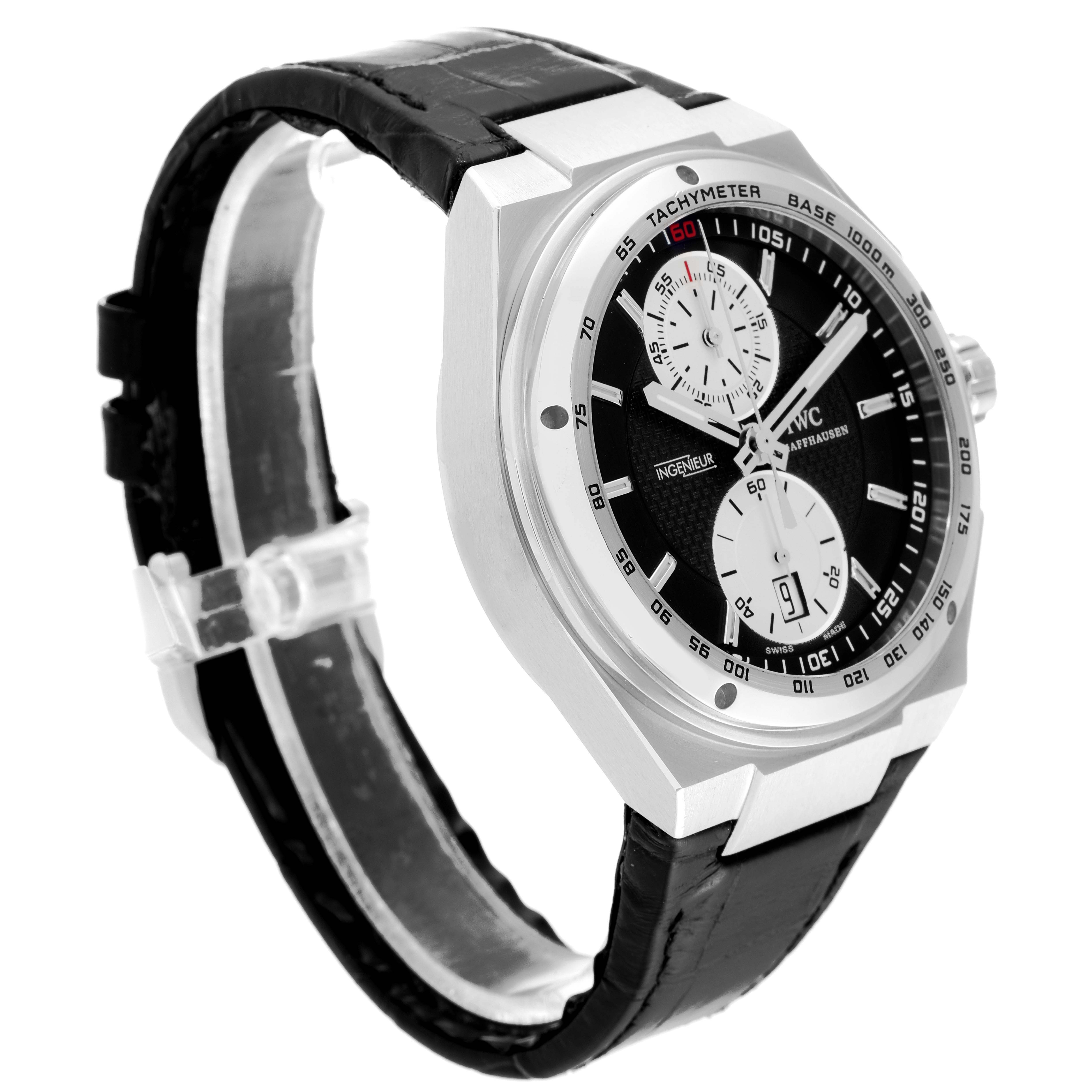 The IWC Ingenieur IW378401 Men's Stainless Steel Black Dial IW378401 Men's Stainless Steel Black Dial watch is shown at a three-quarter angle highlighting the dial, bezel, and black leather strap.