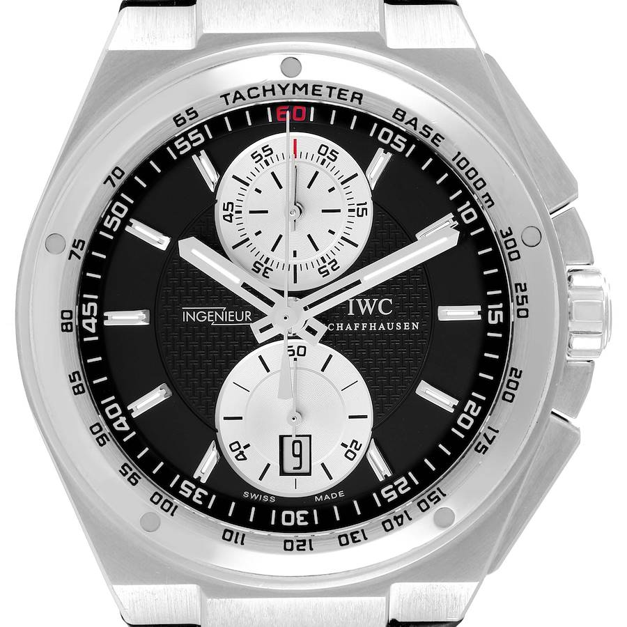 The image shows a frontal close-up of the IWC Ingenieur watch, highlighting the face, tachymeter, and chronograph dials.