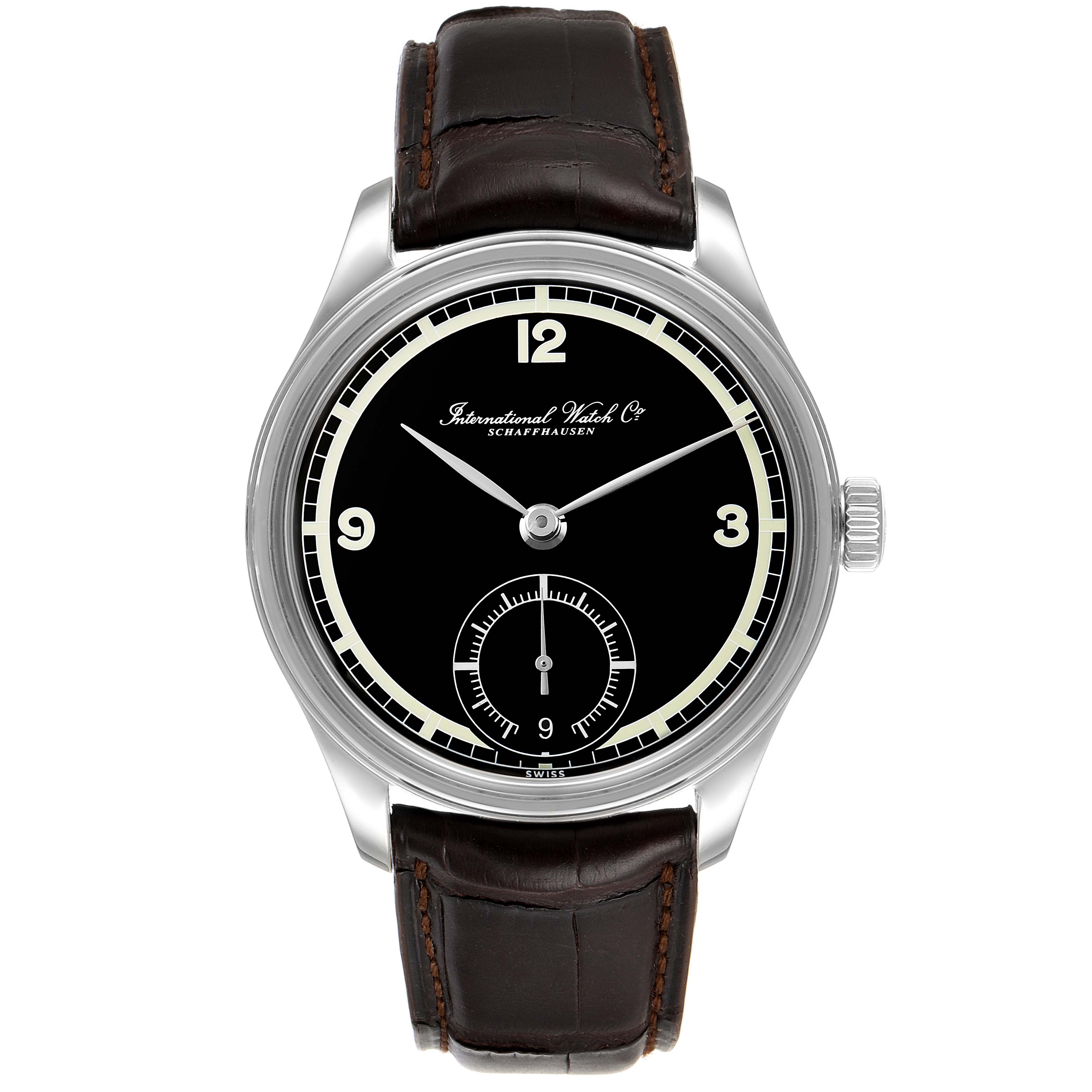 The IWC Portuguese IW510205 Men's Stainless Steel Black Dial IW510205 Men's Stainless Steel Black Dial watch is shown from a front angle, displaying its black dial, silver case, brown leather strap, and sub-dial at 6 o'clock.