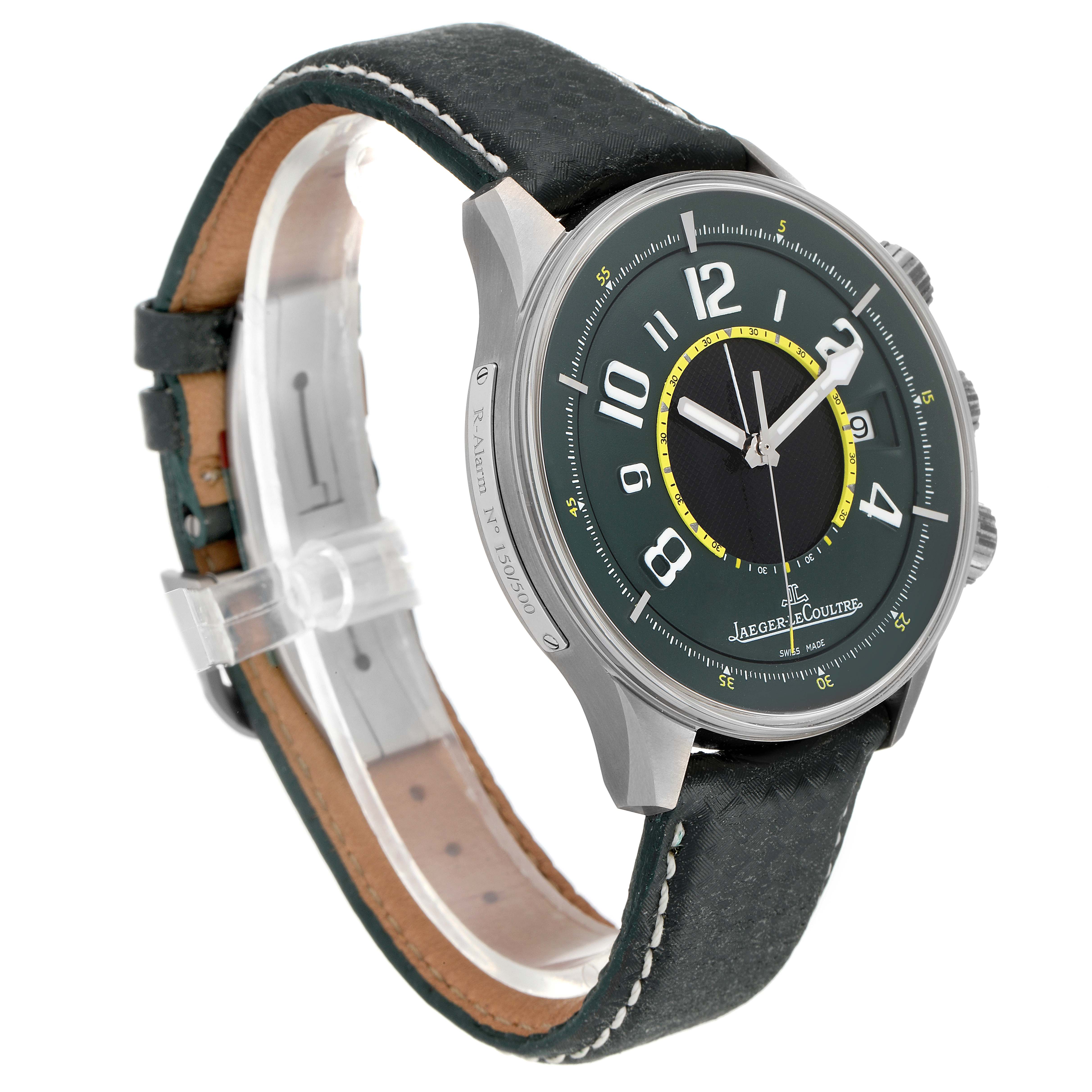 The Jaeger LeCoultre Amvox Q190T440 Men's Titanium Green Dial Q190T440 Men's Titanium Green Dial watch is shown at a three-quarter angle, displaying its face, dials, and leather strap.