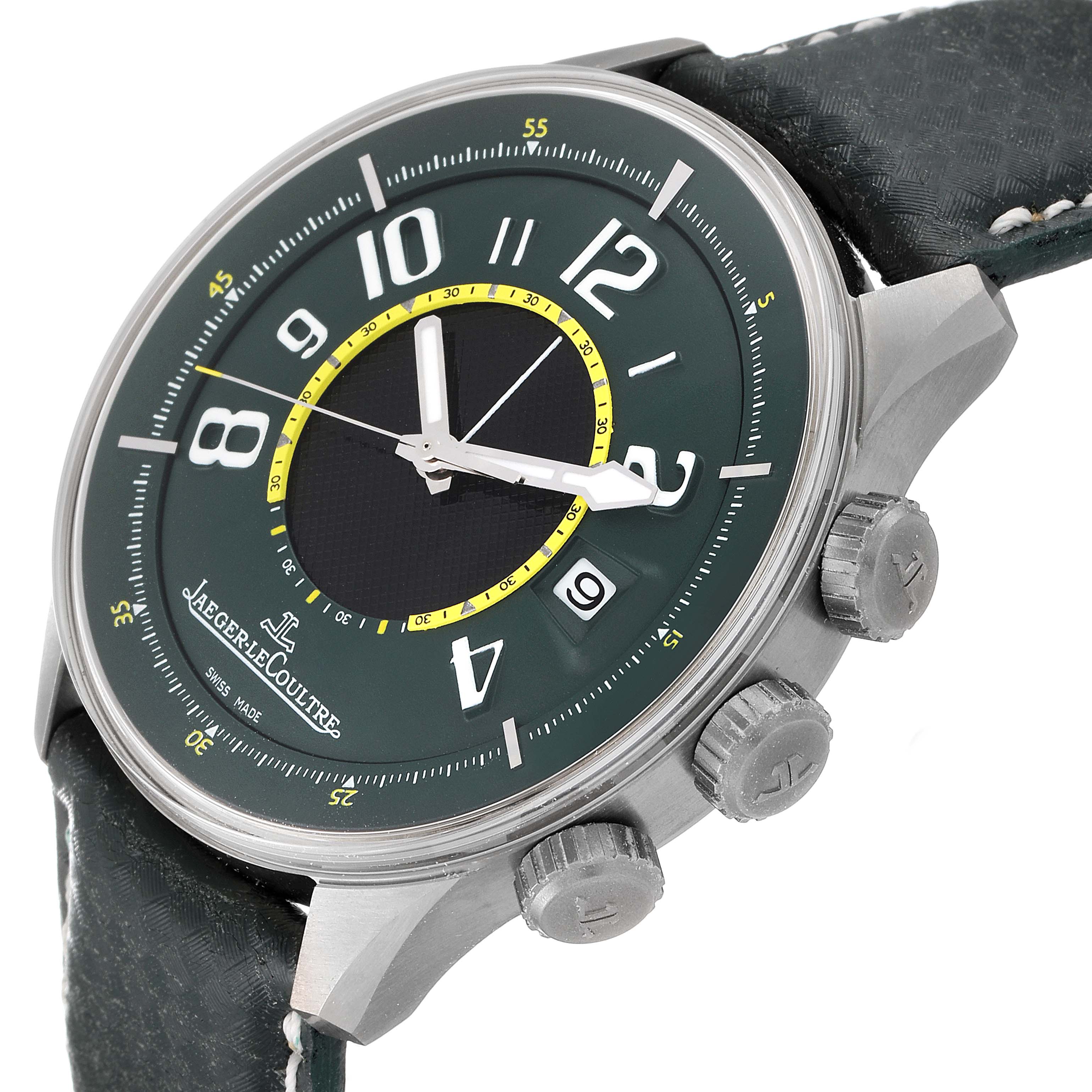 The image shows a side angle view of a Jaeger-LeCoultre Amvox watch, highlighting the face, crown, and pushers.