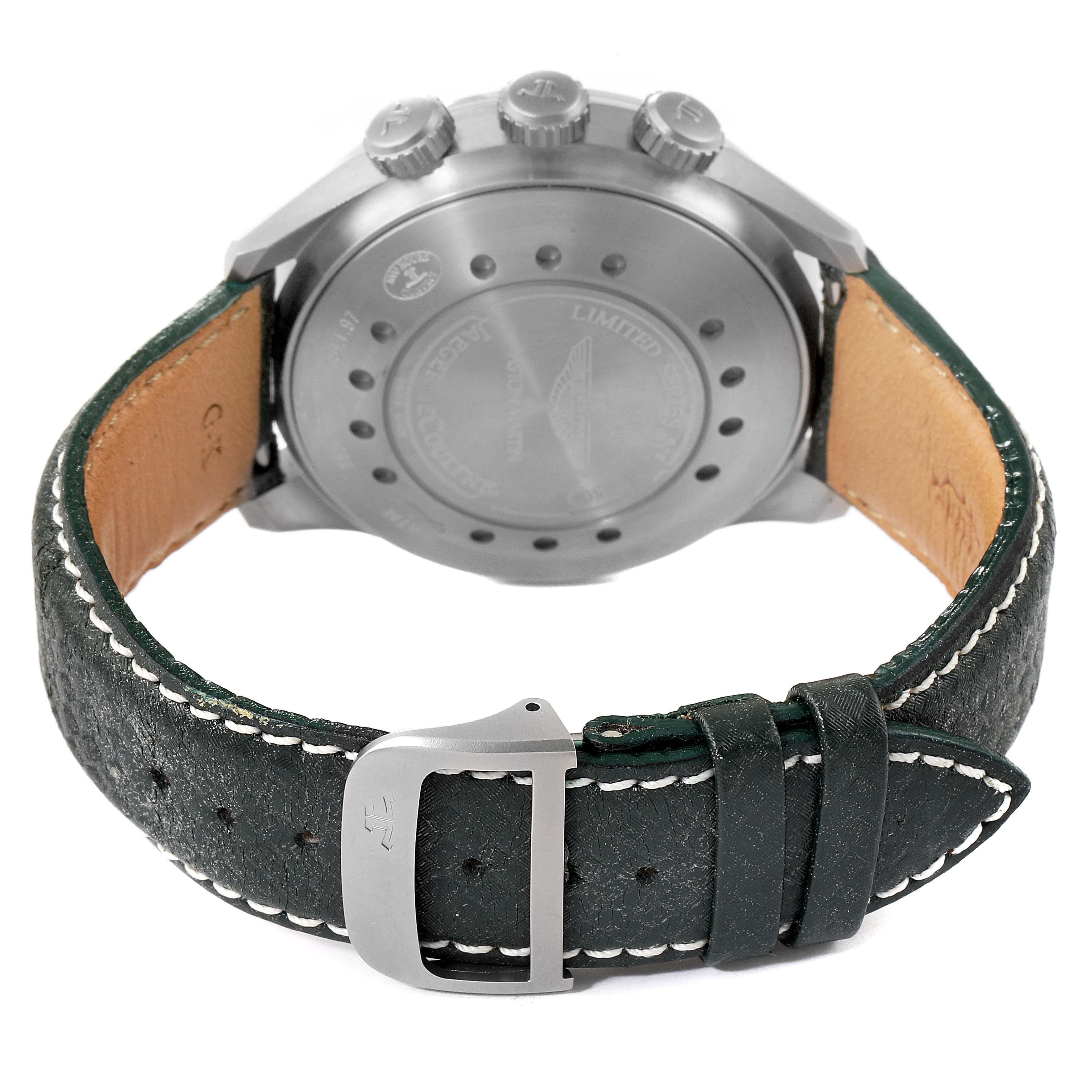 This image shows the back view of the Jaeger LeCoultre Amvox Q190T440 Men's Titanium Green Dial Q190T440 Men's Titanium Green Dial watch, highlighting its case back, leather strap, and buckle.