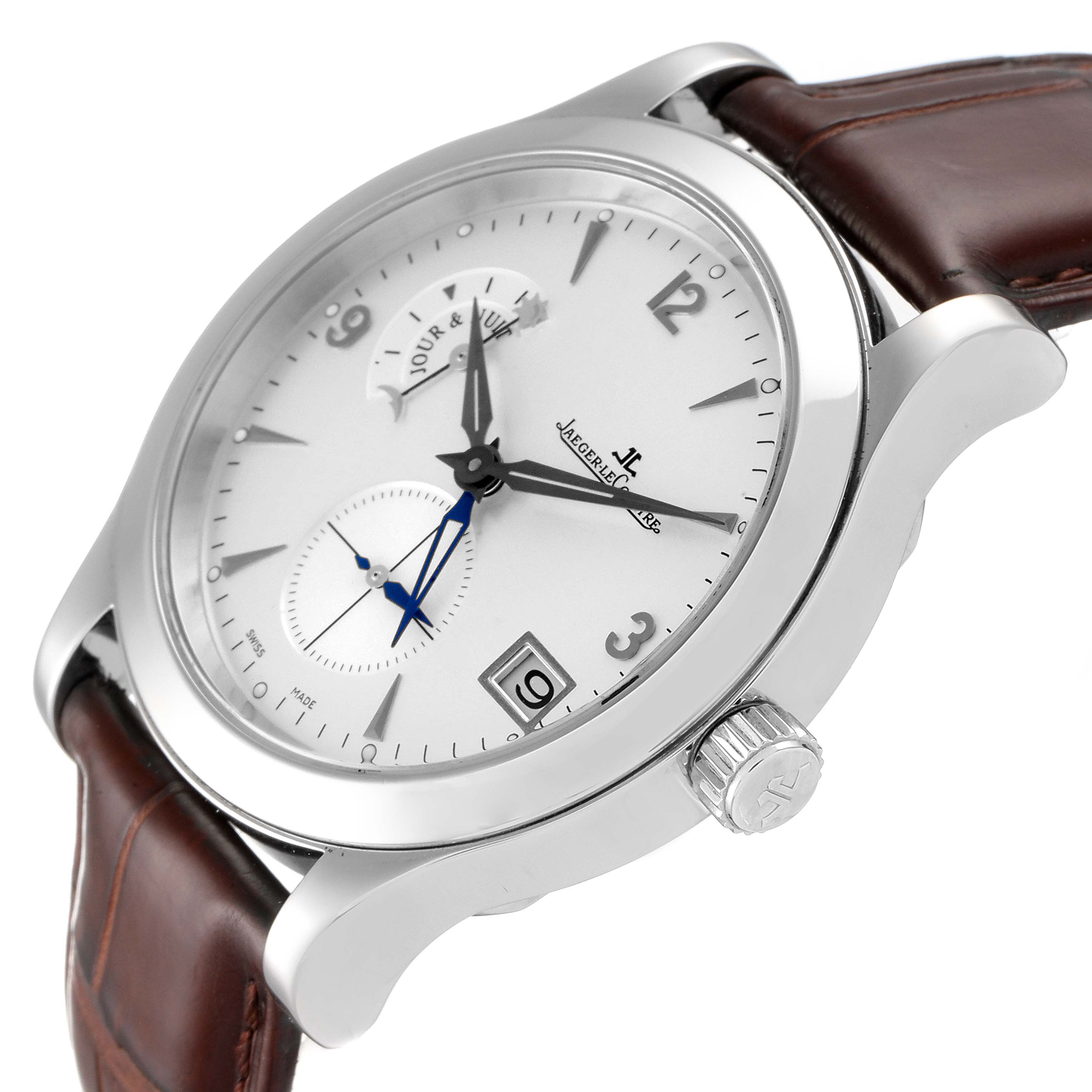 This is an angled side view of the Jaeger LeCoultre Master Q1628420 Men's Stainless Steel Silver Dial Q1628420 Men's Stainless Steel Silver Dial watch, showcasing the dial, crown, and part of the leather strap.