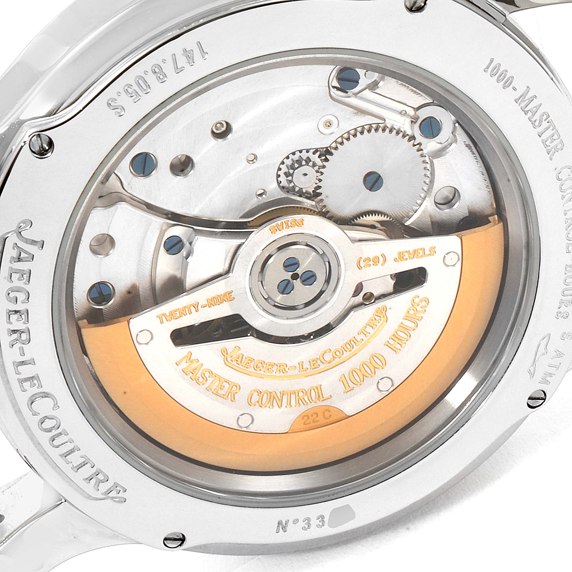 This image shows the back case view of the Jaeger-LeCoultre Master model, displaying its intricate mechanical movement.