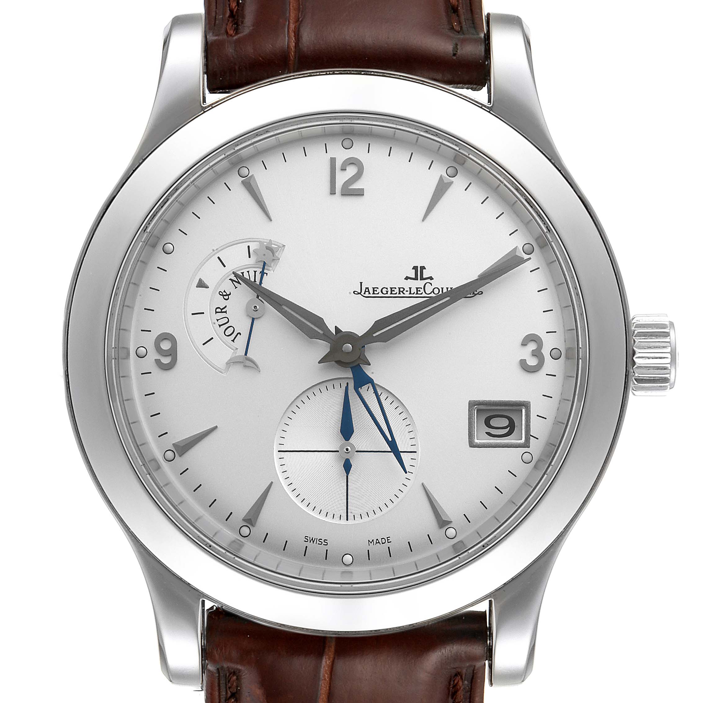 The image shows a frontal view of a Jaeger LeCoultre Master Q1628420 Men's Stainless Steel Silver Dial Q1628420 Men's Stainless Steel Silver Dial model watch, highlighting its dial, crown, and leather strap.