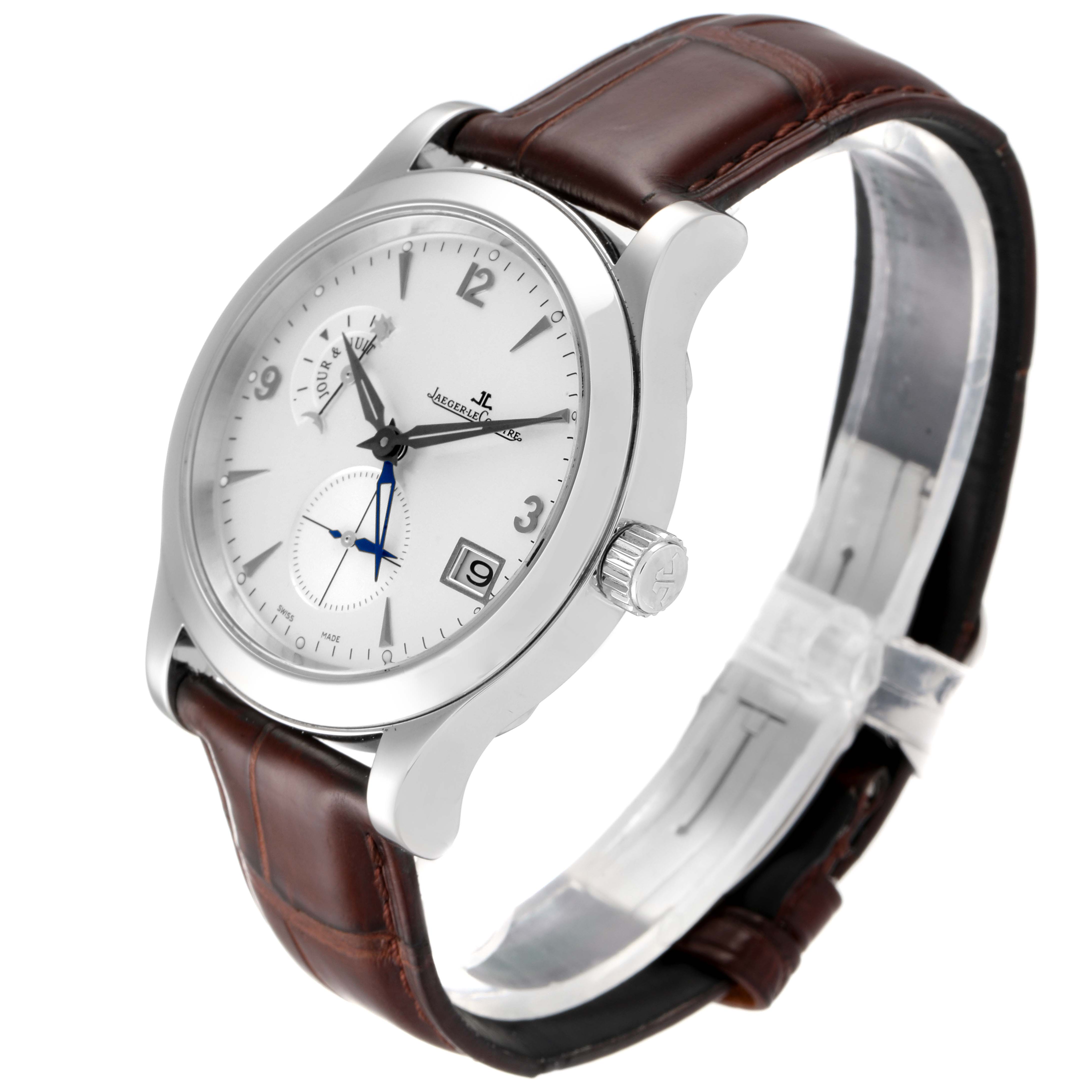 This Jaeger LeCoultre Master Q1628420 Men's Stainless Steel Silver Dial Q1628420 Men's Stainless Steel Silver Dial model watch is shown at a three-quarter angle with a detailed view of the face, crown, and brown leather strap.