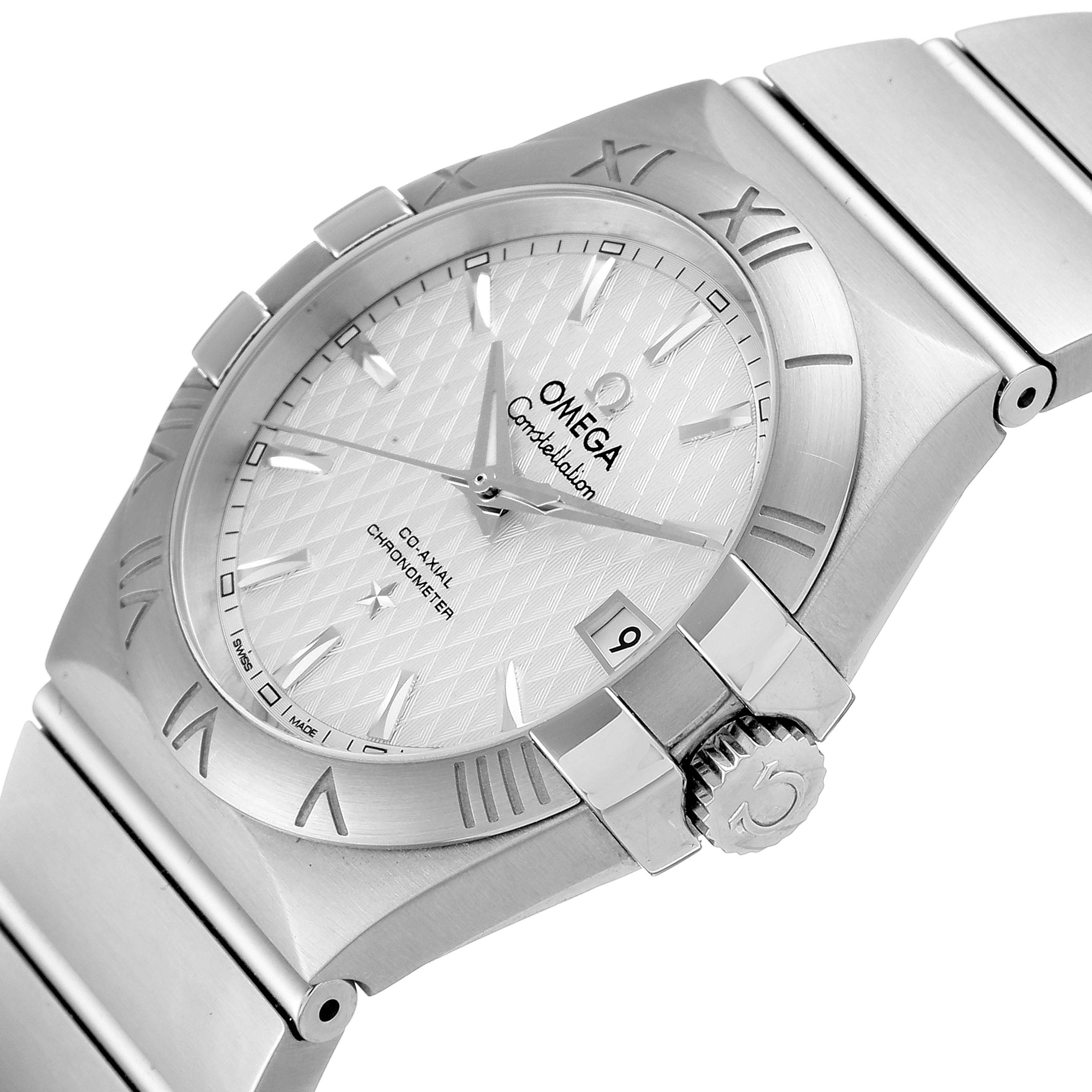 The image shows a partial top and side angle of an Omega Constellation 123.10.35.20.02.002  Men
s Stainless Steel Silver Dial 123.10.35.20.02.002  Men
s Stainless Steel Silver Dial watch, highlighting its crown, bezel, and part of the bracelet.