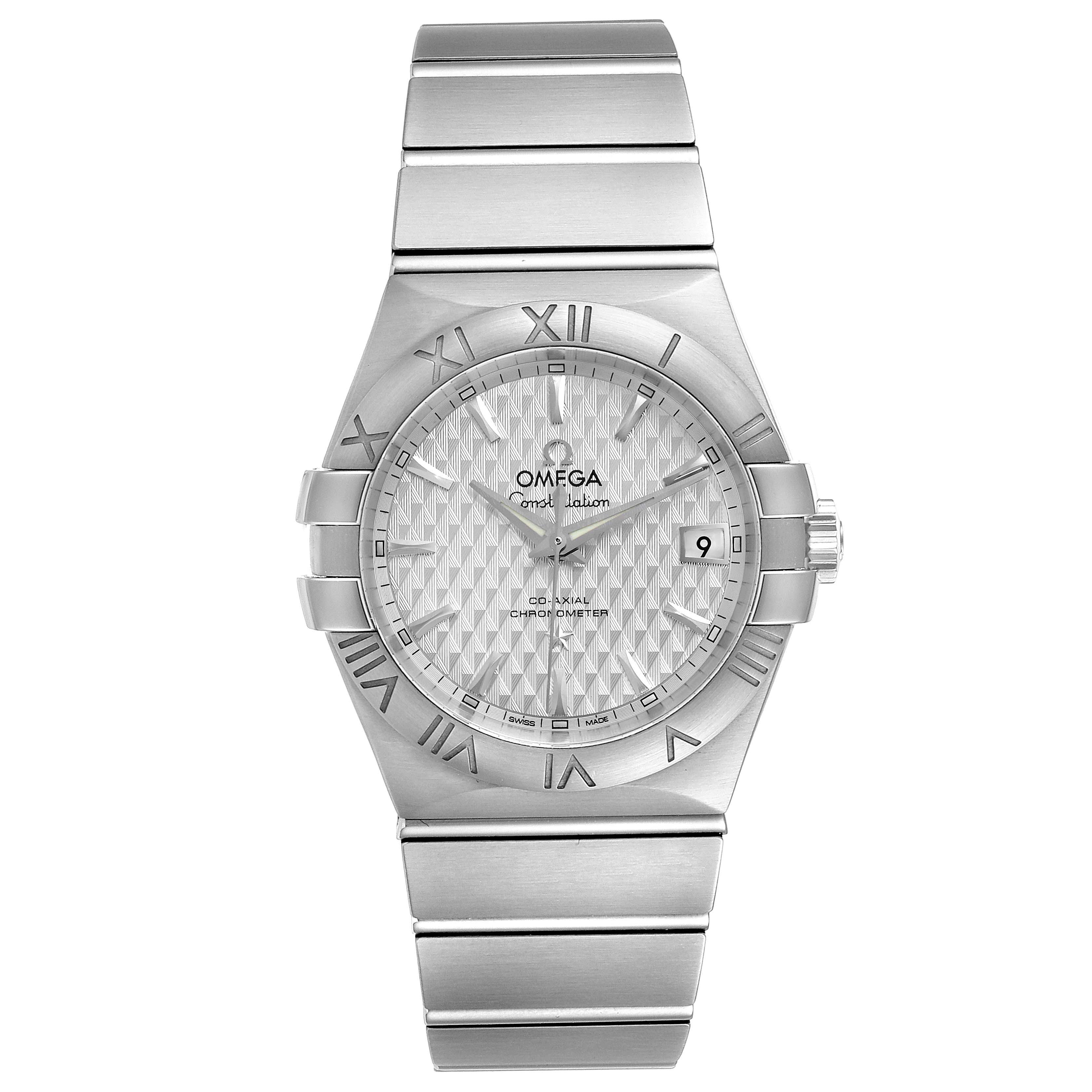 The image shows a front view of an Omega Constellation 123.10.35.20.02.002  Men
s Stainless Steel Silver Dial 123.10.35.20.02.002  Men
s Stainless Steel Silver Dial watch, displaying the dial, bezel, and bracelet.