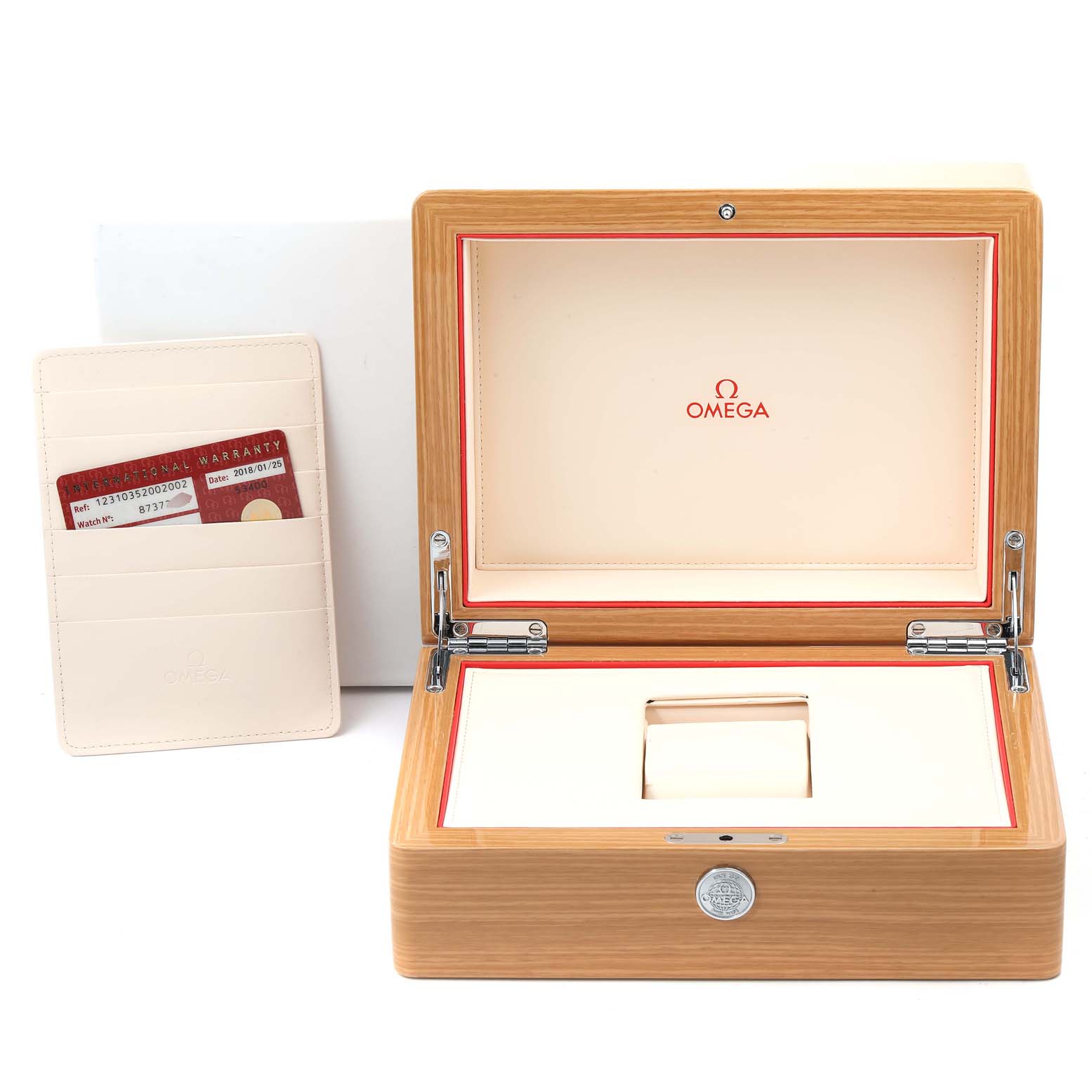The image shows a wooden Omega watch box for the Constellation model and a warranty card holder.