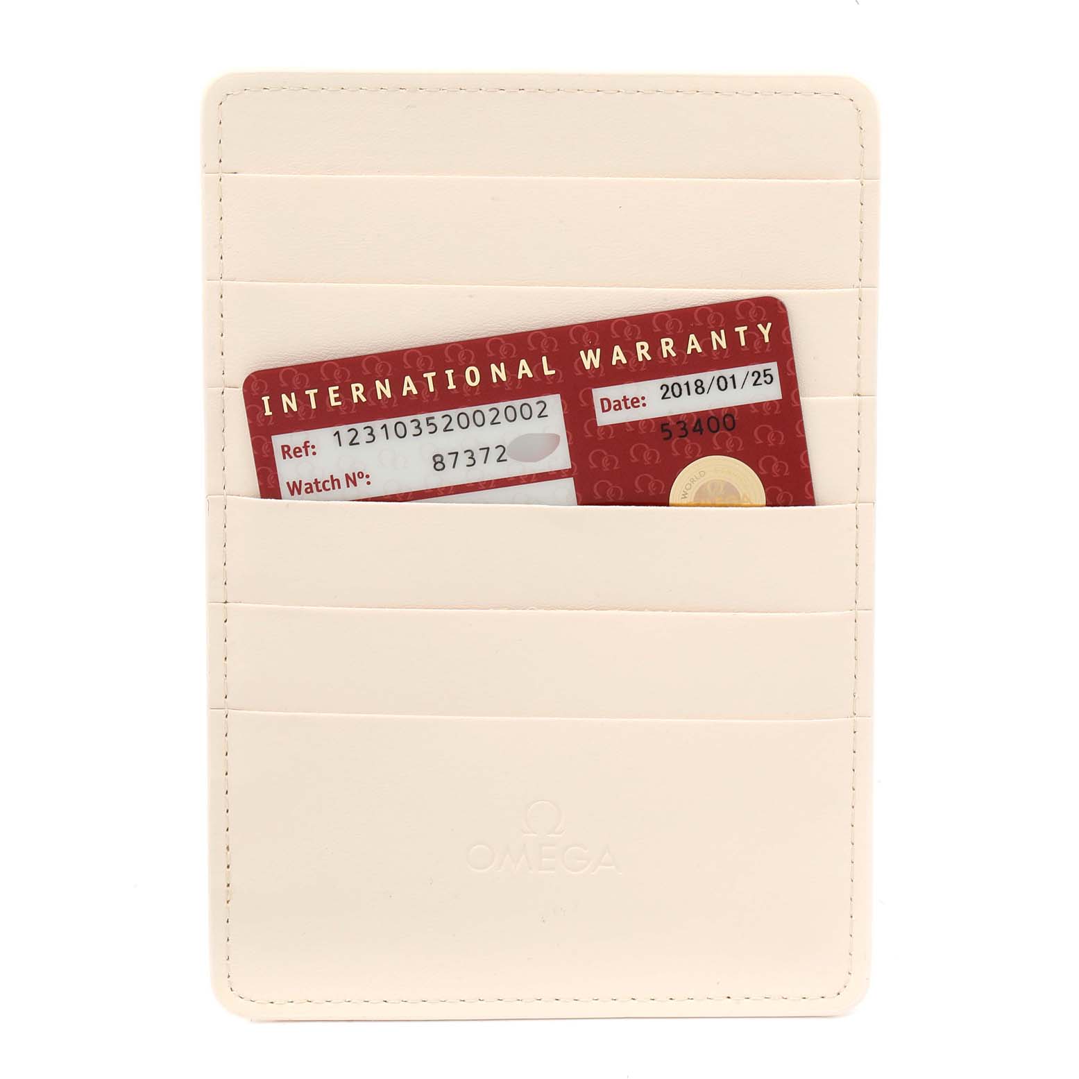 The image shows an Omega Constellation 123.10.35.20.02.002  Men
s Stainless Steel Silver Dial 123.10.35.20.02.002  Men
s Stainless Steel Silver Dial watch
s international warranty card placed in a leather cardholder.