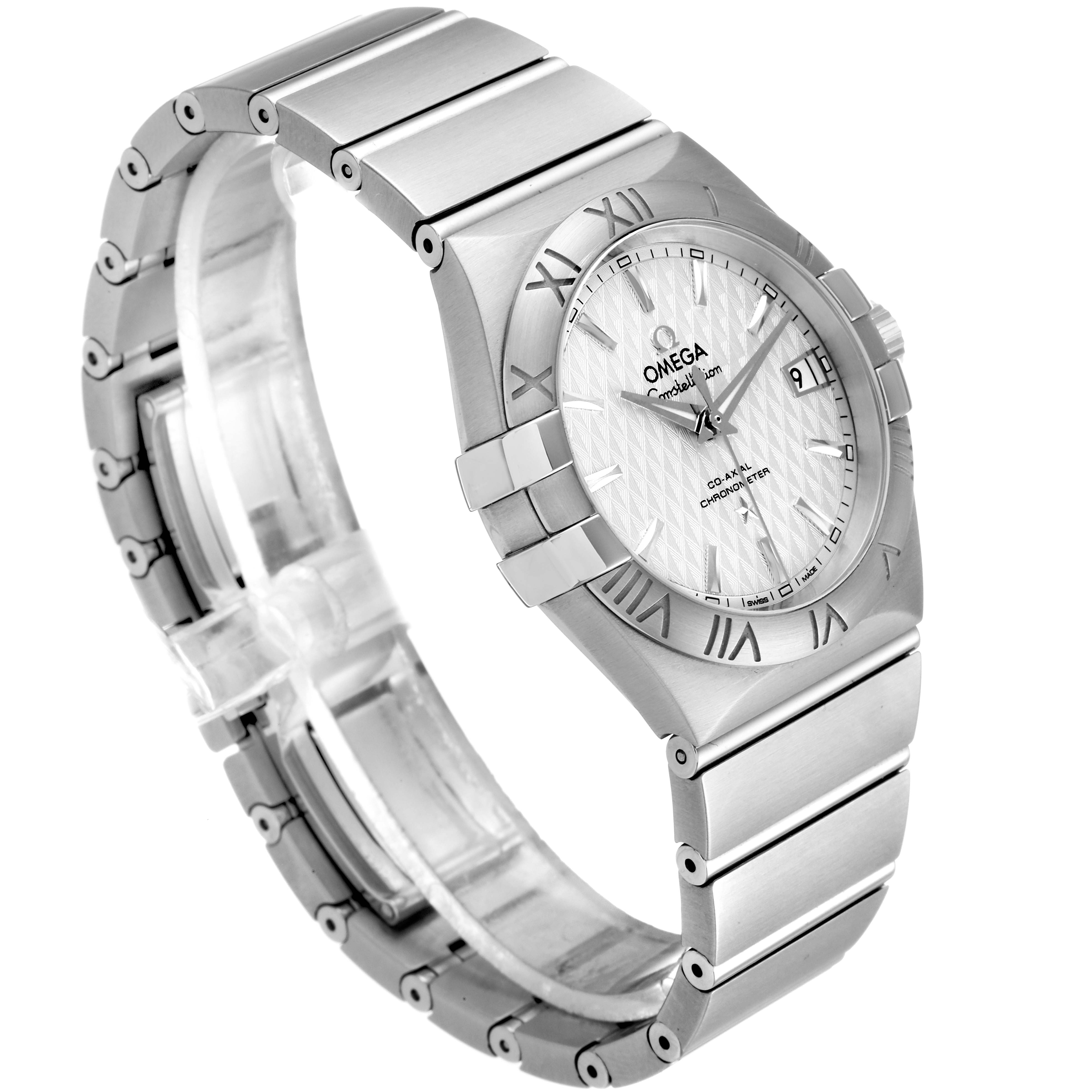 The image shows an angled view of an Omega Constellation 123.10.35.20.02.002  Men
s Stainless Steel Silver Dial 123.10.35.20.02.002  Men
s Stainless Steel Silver Dial watch, focusing on its face, bezel, and metal strap.