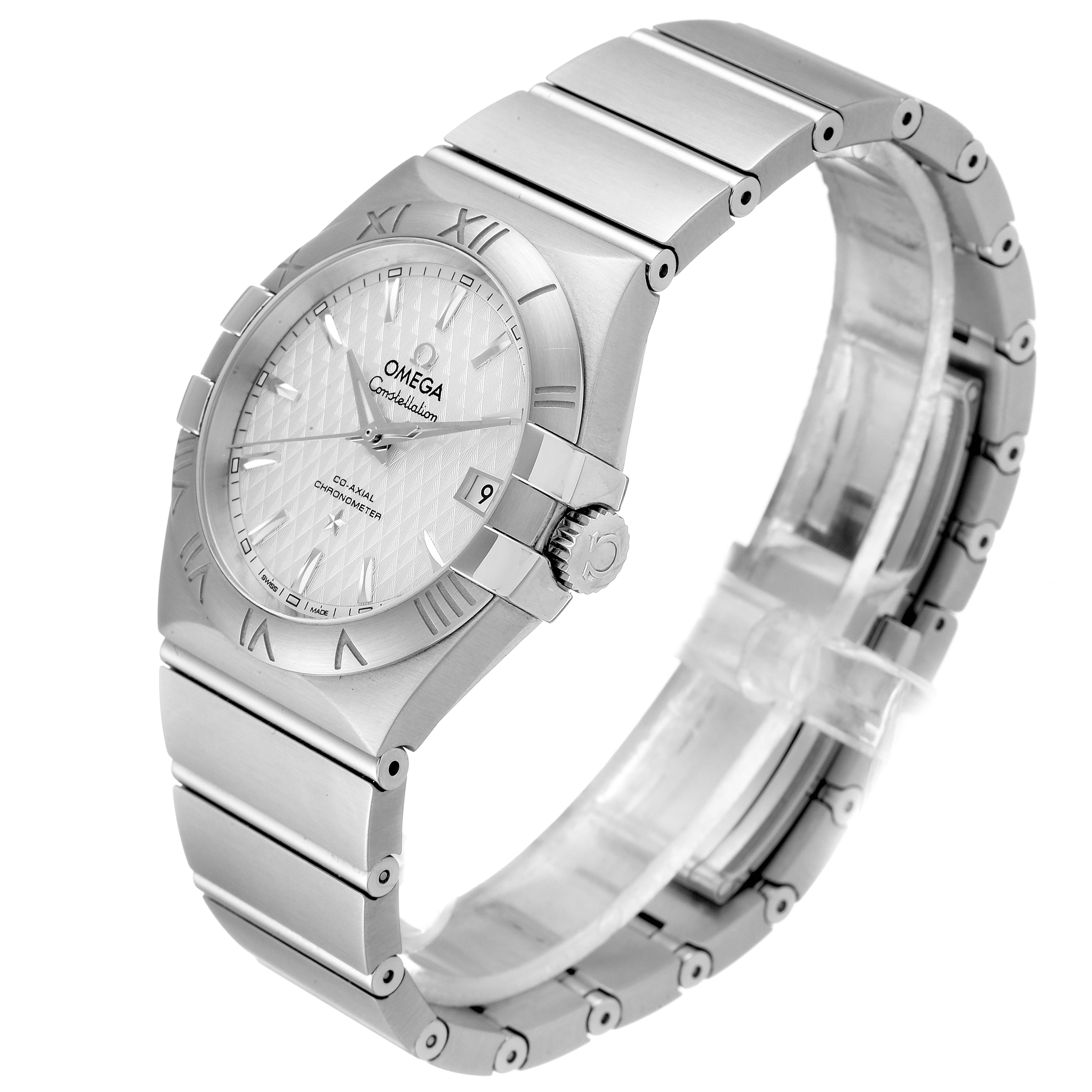 The image shows an Omega Constellation 123.10.35.20.02.002  Men
s Stainless Steel Silver Dial 123.10.35.20.02.002  Men
s Stainless Steel Silver Dial watch at a slight angle, highlighting the face, bezel, crown, and bracelet.