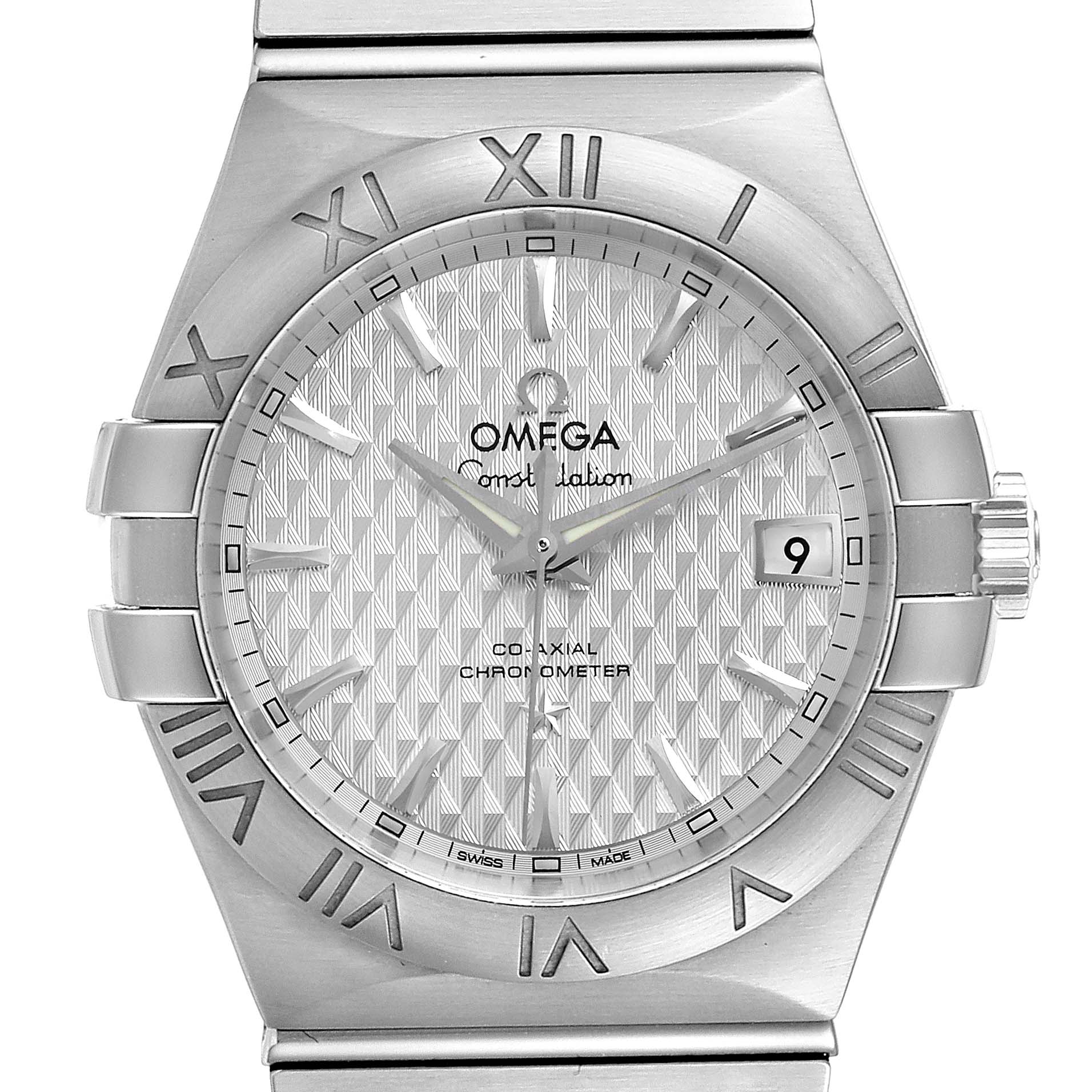 This image shows a front view of the Omega Constellation 123.10.35.20.02.002  Men
s Stainless Steel Silver Dial 123.10.35.20.02.002  Men
s Stainless Steel Silver Dial watch, highlighting the dial, bezel, and bracelet.