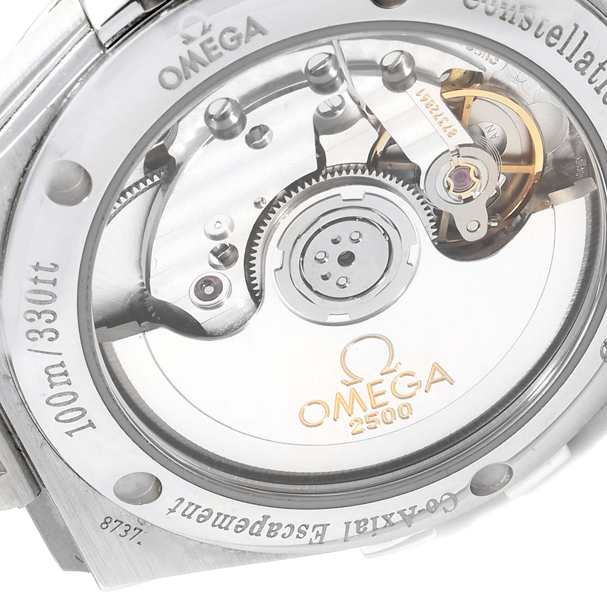 The image shows a close-up of the movement and case back of an Omega Constellation 123.10.35.20.02.002  Men
s Stainless Steel Silver Dial 123.10.35.20.02.002  Men
s Stainless Steel Silver Dial watch.