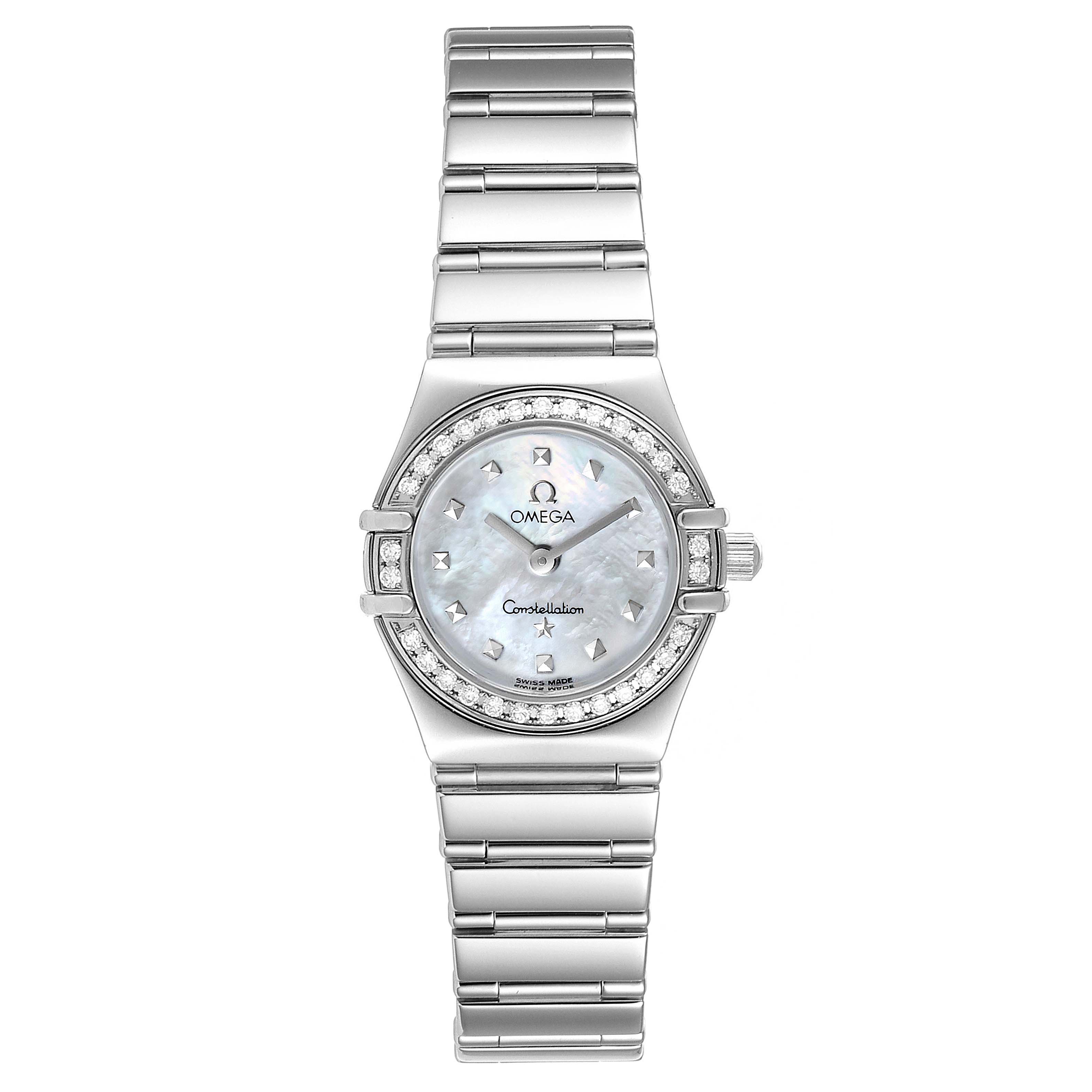 The image shows a full frontal view of the Omega 1465.71.00 Women
s Stainless Steel Mother of Pearl Dial 1465.71.00 Women
s Stainless Steel Mother of Pearl Dial Constellation My Choice Mini Diamond Steel Ladies Watch 1465.71.00.