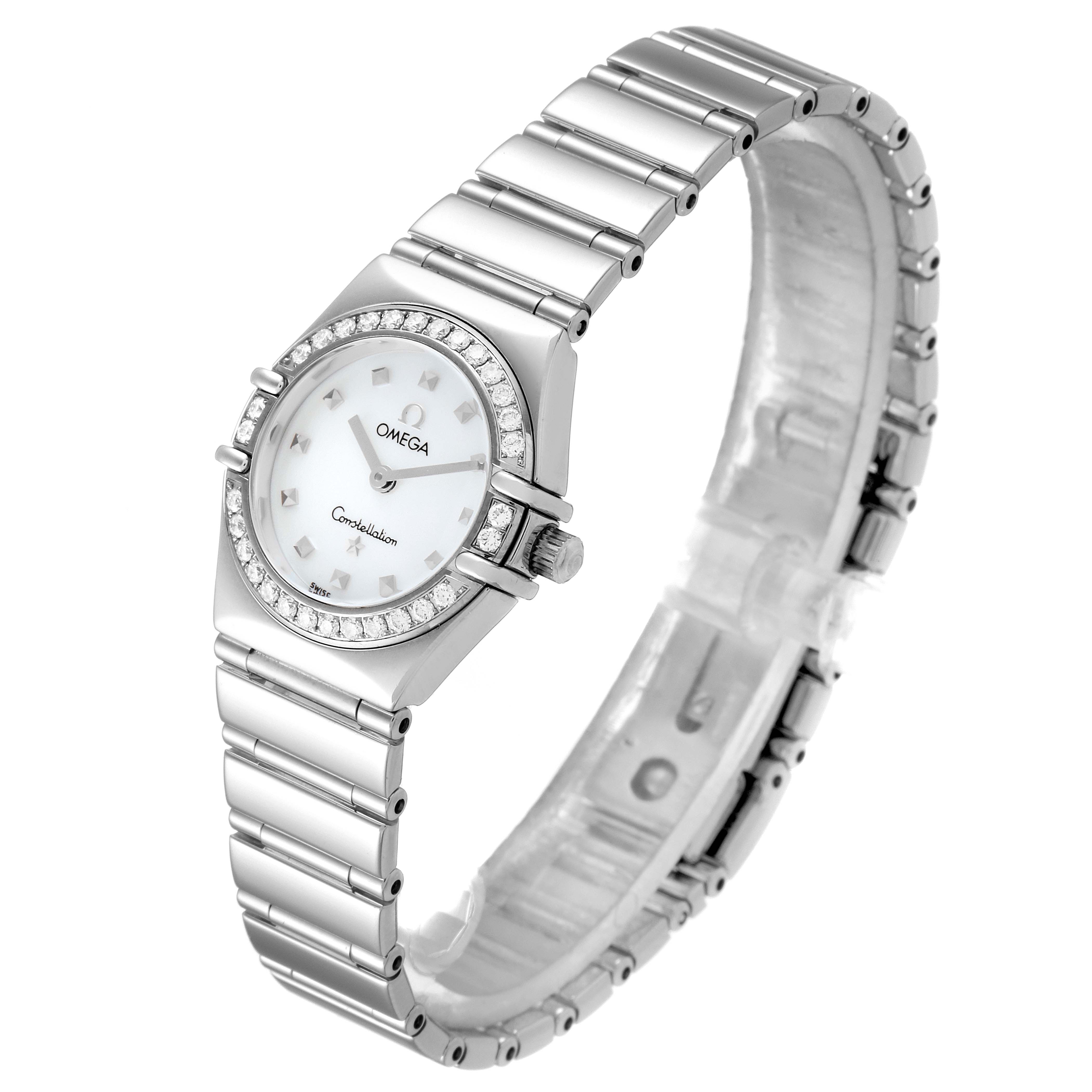 The Omega 1465.71.00 Women
s Stainless Steel Mother of Pearl Dial 1465.71.00 Women
s Stainless Steel Mother of Pearl Dial Constellation My Choice Mini Diamond Steel Ladies Watch 1465.71.00 is shown at a slight angle displaying the dial, bezel, and bracelet.