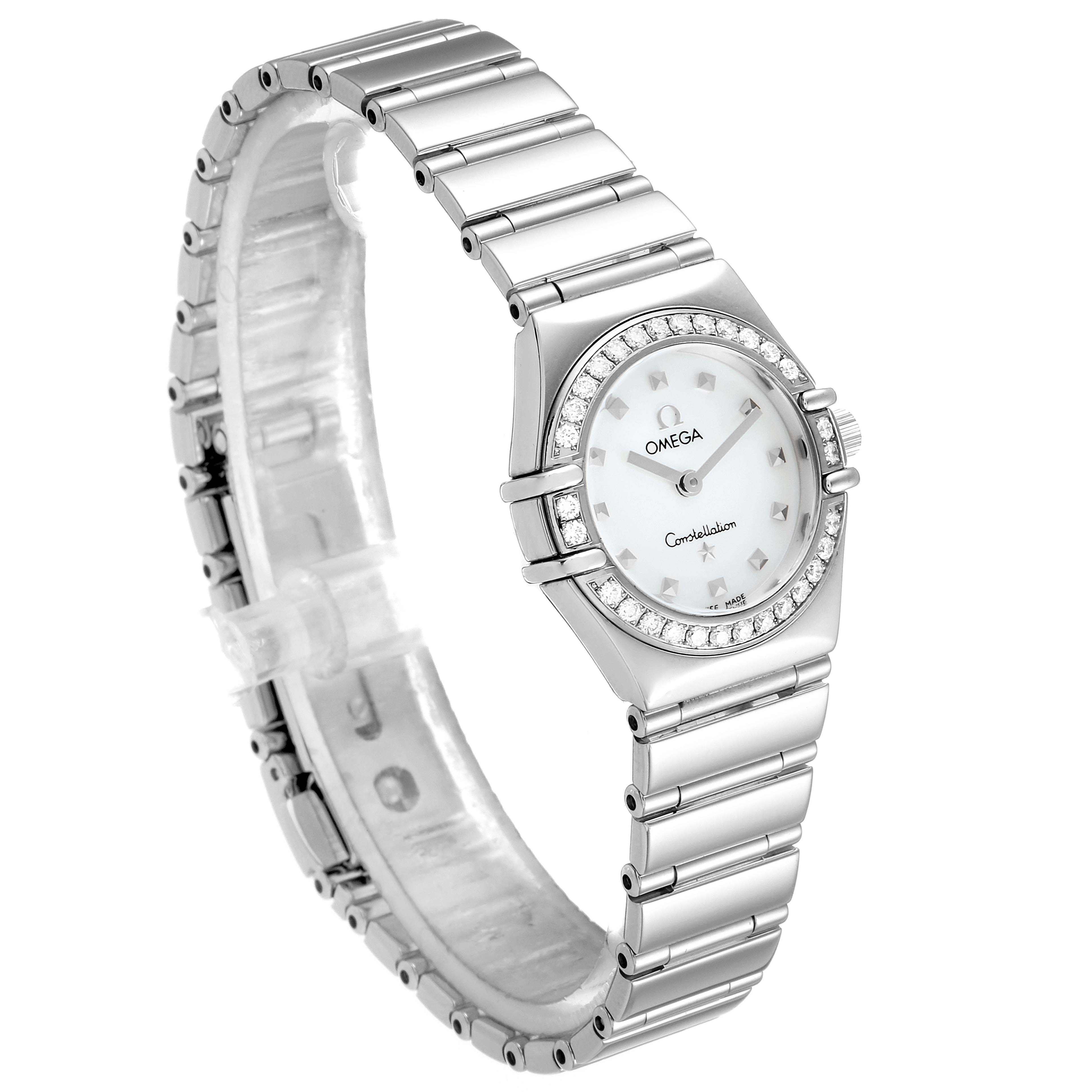 The image displays the Omega 1465.71.00 Women
s Stainless Steel Mother of Pearl Dial 1465.71.00 Women
s Stainless Steel Mother of Pearl Dial Constellation My Choice Mini Diamond Steel Ladies Watch 1465.71.00 from an angled side view, showing the bracelet and face.