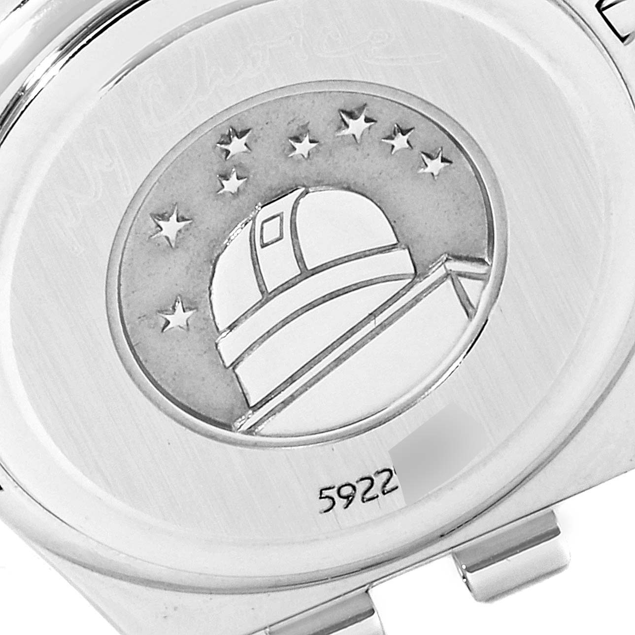 This image shows the back of the Omega 1465.71.00 Women
s Stainless Steel Mother of Pearl Dial 1465.71.00 Women
s Stainless Steel Mother of Pearl Dial Constellation My Choice Mini Diamond Steel Ladies Watch 1465.71.00, featuring an observatory engraving.