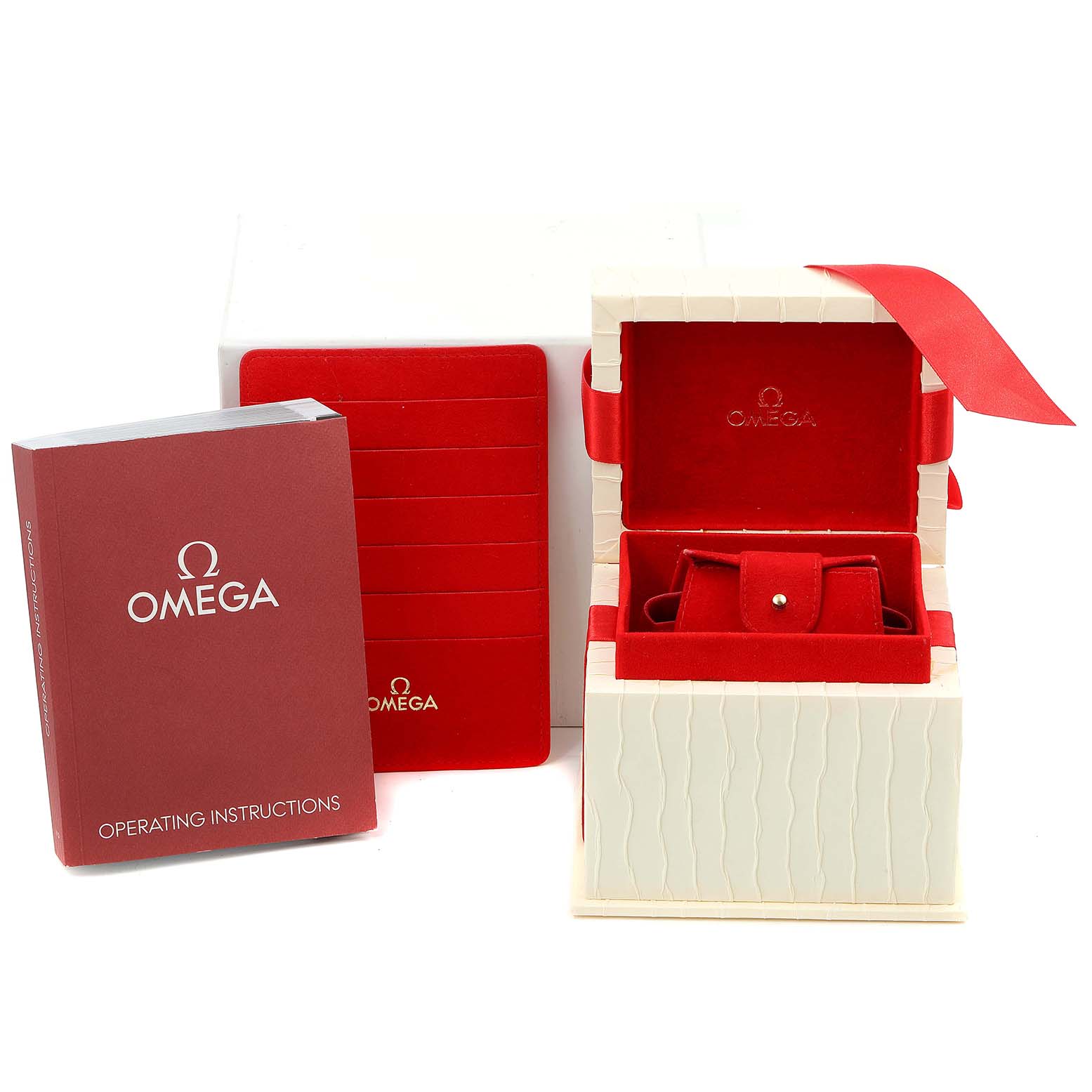 The image shows the packaging and instruction manual for the Omega 1465.71.00 Women
s Stainless Steel Mother of Pearl Dial 1465.71.00 Women
s Stainless Steel Mother of Pearl Dial Constellation My Choice Mini Diamond Steel Ladies Watch 1465.71.00.