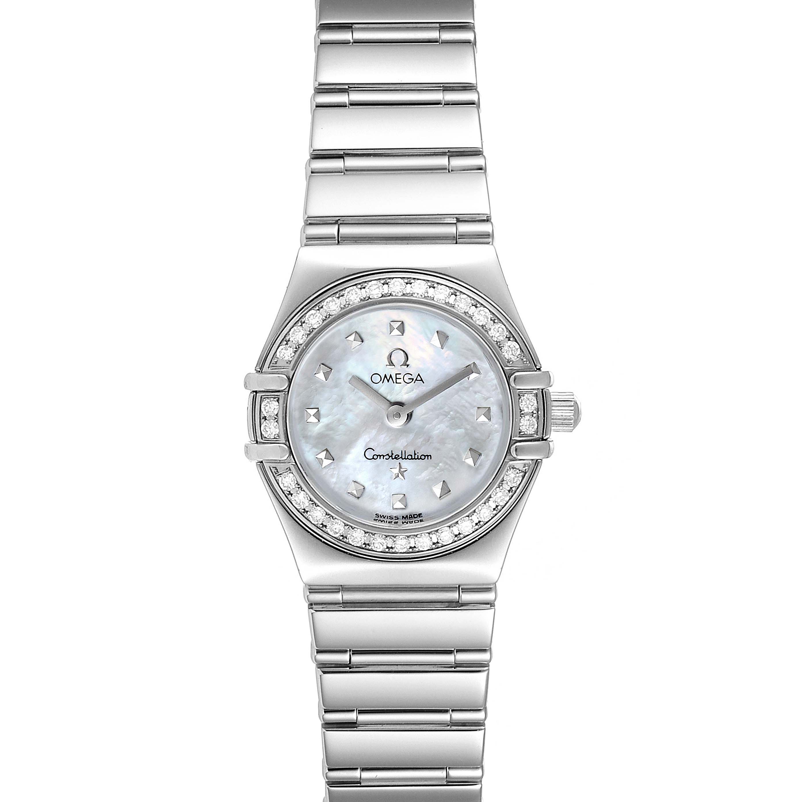 This image shows a front view of the Omega 1465.71.00 Women
s Stainless Steel Mother of Pearl Dial 1465.71.00 Women
s Stainless Steel Mother of Pearl Dial Constellation My Choice Mini Diamond Steel Ladies Watch, model 1465.71.00.